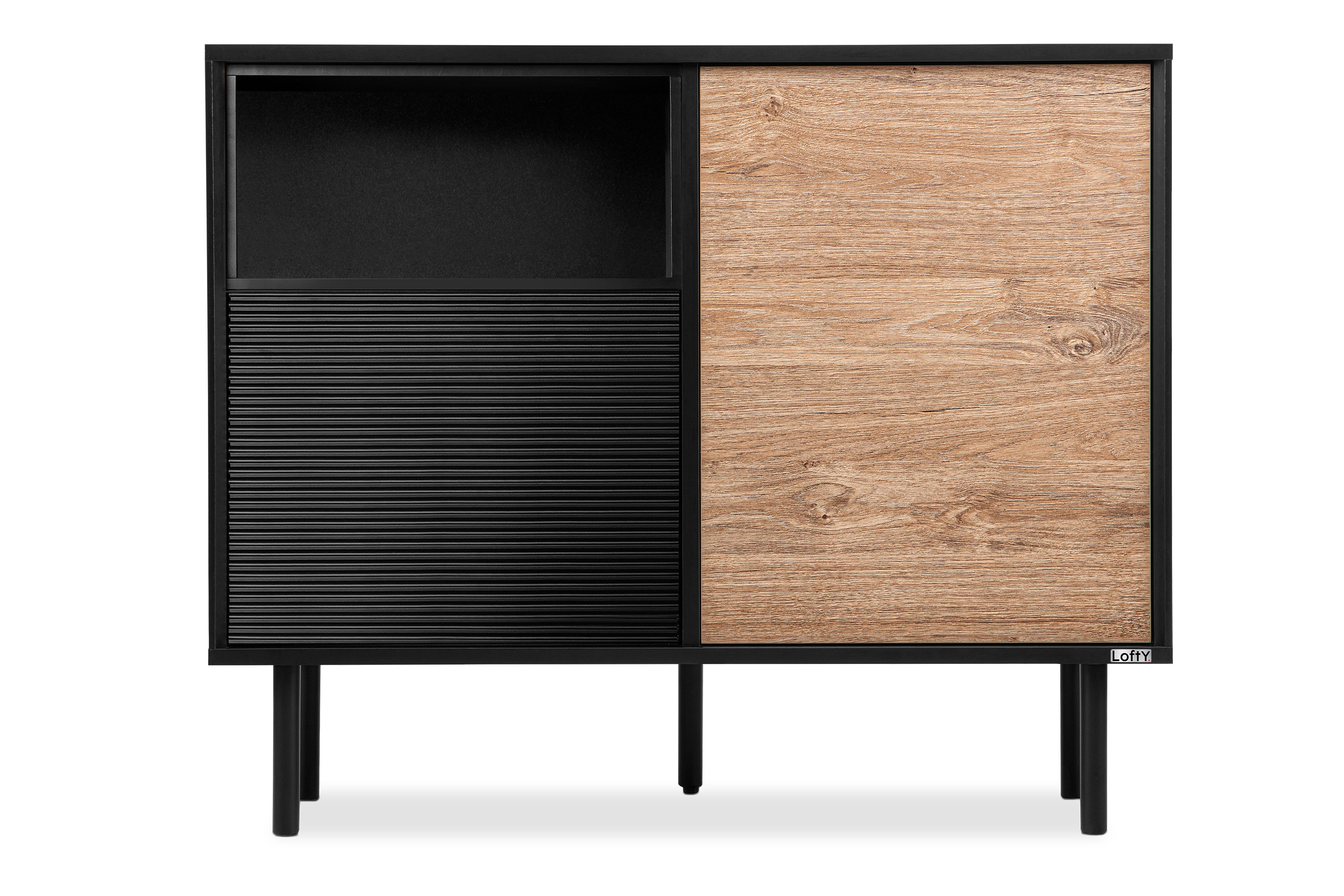 KONSIMO LOFTY Komoda w stylu loft na wysokich drewnianych nogach z półką
