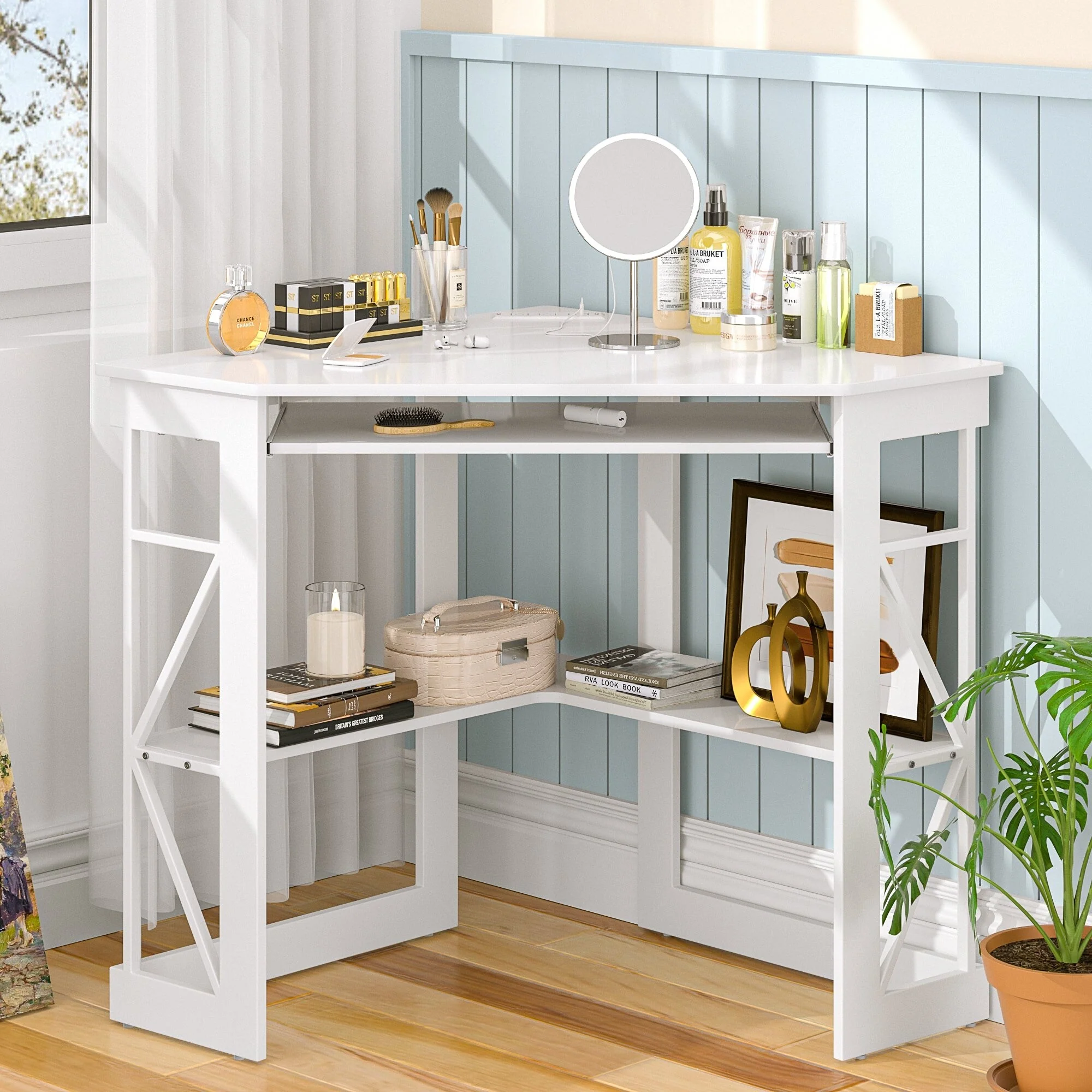 Corner Desk Small Desk with Outlets Corner Table for Small Space, Computer Desk with USB Ports Triangle Desk with Storage