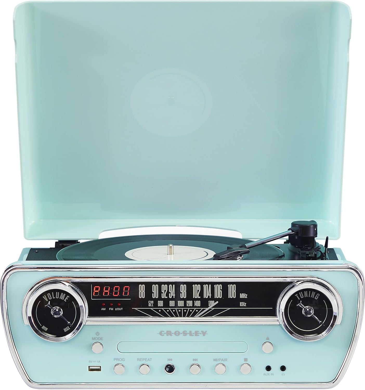 Crosley CR6047A-AB Powel 7-in-1 Bluetooth in/Out Vinyl Record Player with AM/FM Radio  CD Player  and Aux-in  Aqua Blue