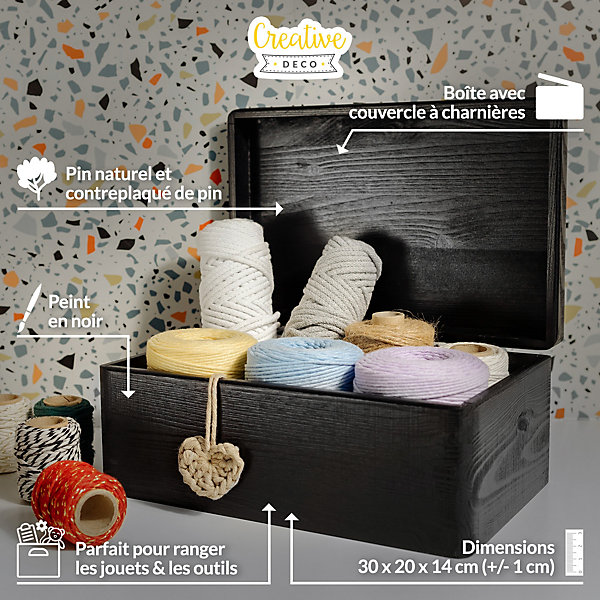 Creative Deco Boite de Rangement en Bois Noir 30 x 20 x 14 cm ( /- 1 cm) - Avec Couvercle - Boîte à Souvenirs - Boîte à Jouets
