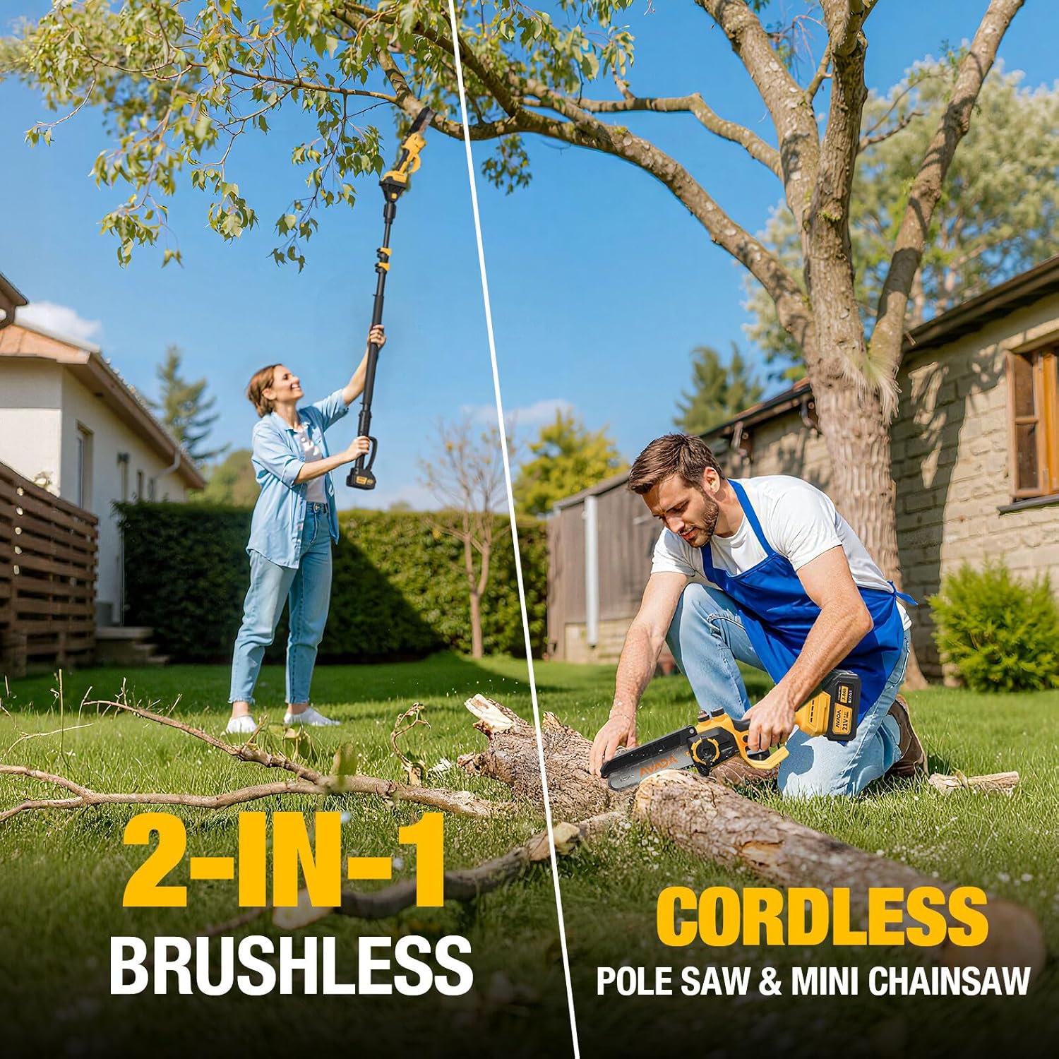 2-in-1 Electric Pole Saw - 6 Inch Brushless Mini Chainsaw with Extension Pole 2x3000mAh Batteries  Lightweight  15.7FT Reach Extension Tree Trimmer Cordless Pole Saws for Tree Trimming Pruning