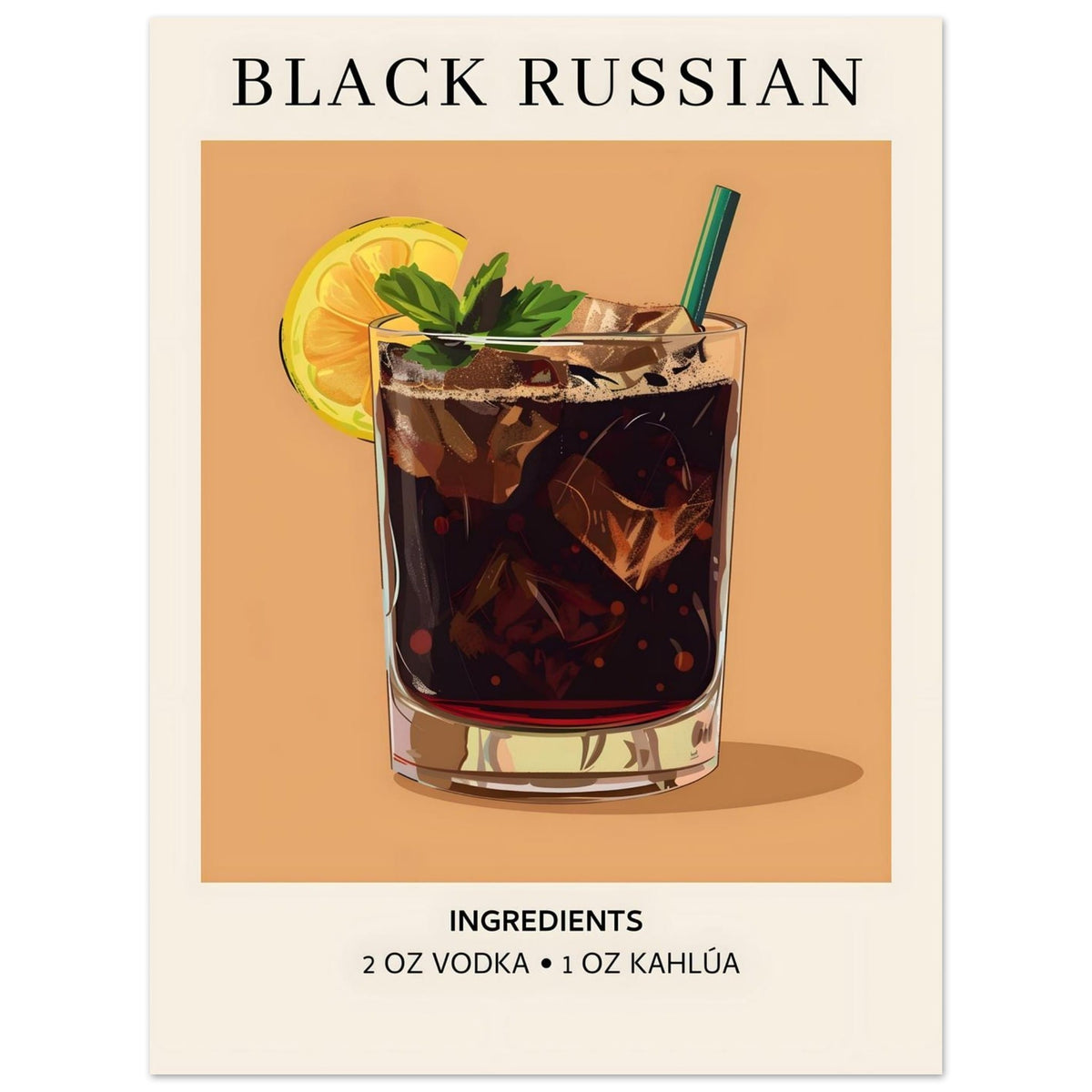 Artfulprints Poster Black Russian cocktail - Ingrediënten  - 30x40 cm - Bruin
