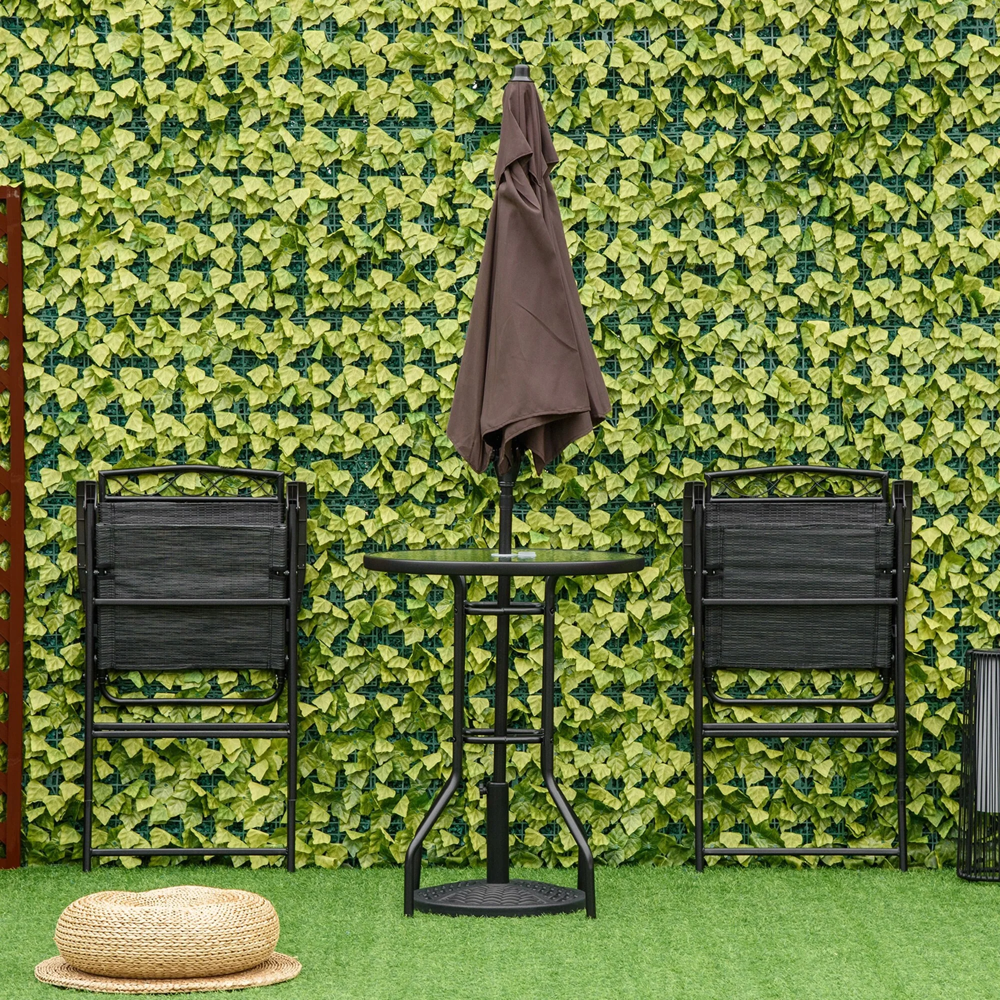 4 Piece Outdoor Patio Dining Furniture Set, 2 Folding Chairs, Adjustable Angle Umbrella, Wave Textured Tempered Glass Di