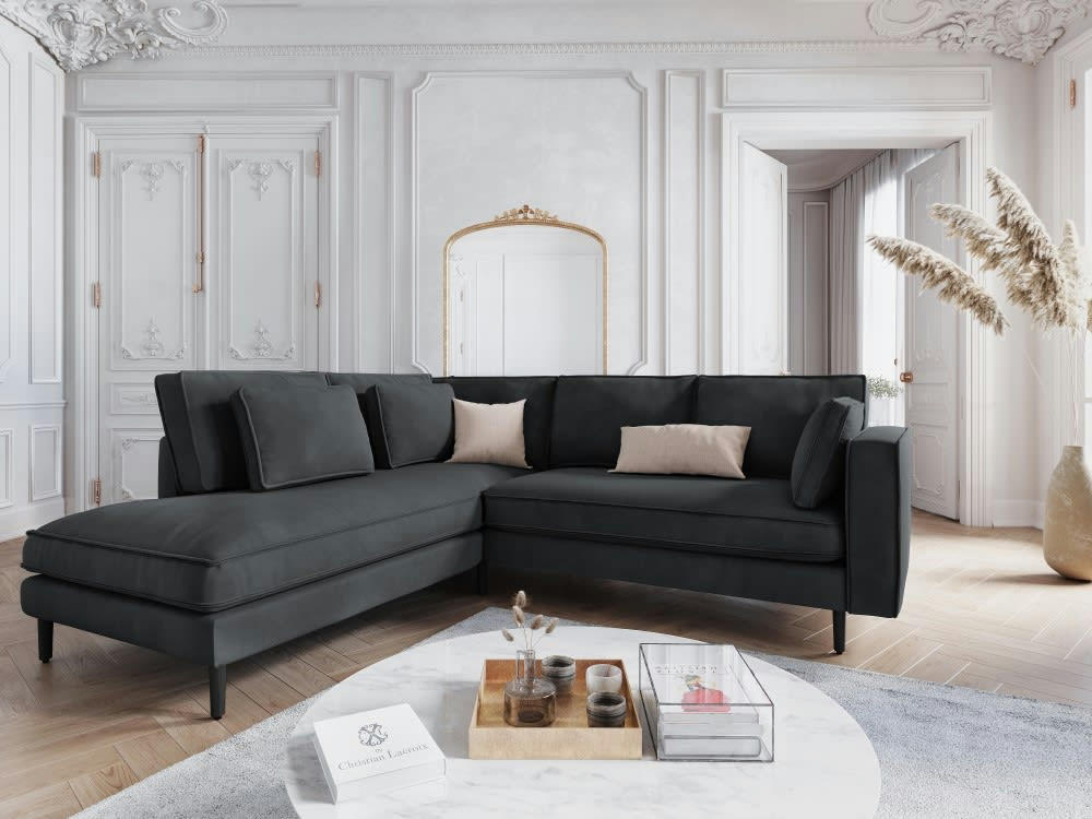 ALEXIS - Canapé d'angle 5 places en velours gris foncé