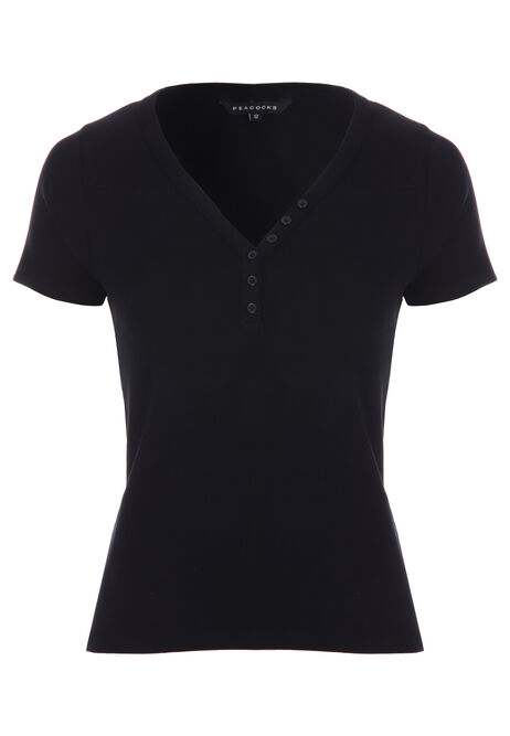 Womens Black V-Neck Placket Short Sleeve Top