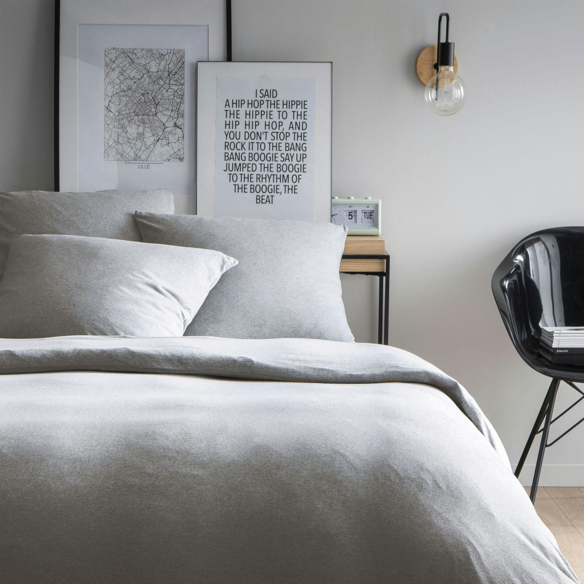 JERSEY - Parure de lit unie en jersey de coton Gris Chiné 140x200+65x65cm