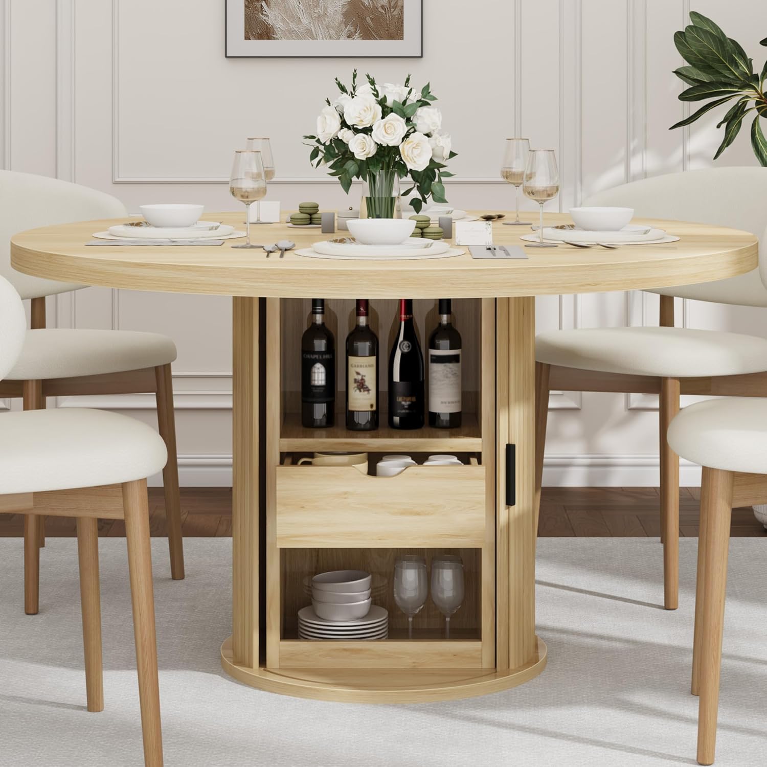 Garvee 47 Inch Round Dining Table for 4, Kitchen Table with 2-Layer Storage Shelf and a Drawer, Farmhouse Circle Dinner Table for Dining Room, Kitchen, Living Room (Table Only), Natural