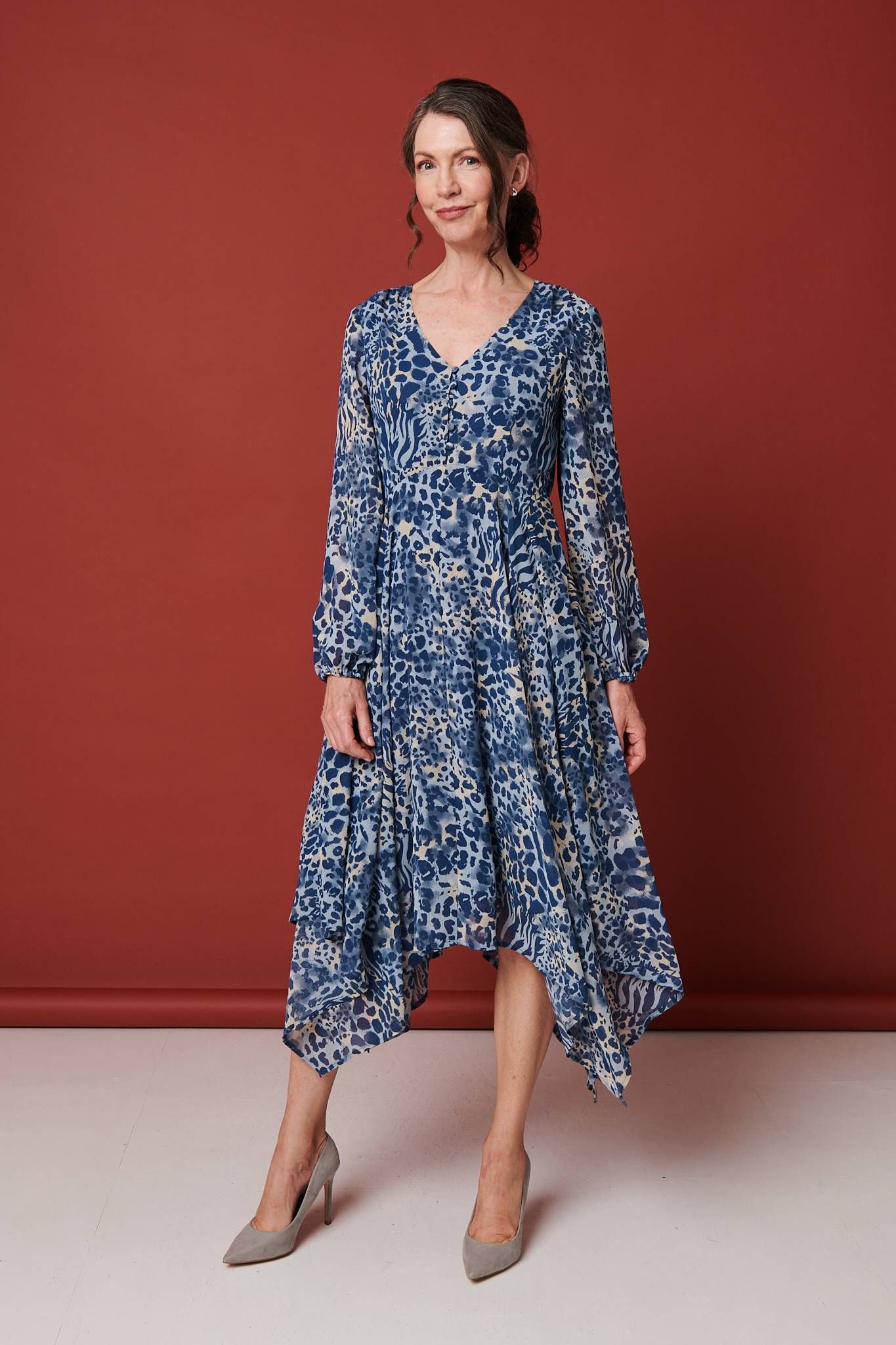Izabel London Animal Print Sheer Hanky Hem Midi Dress