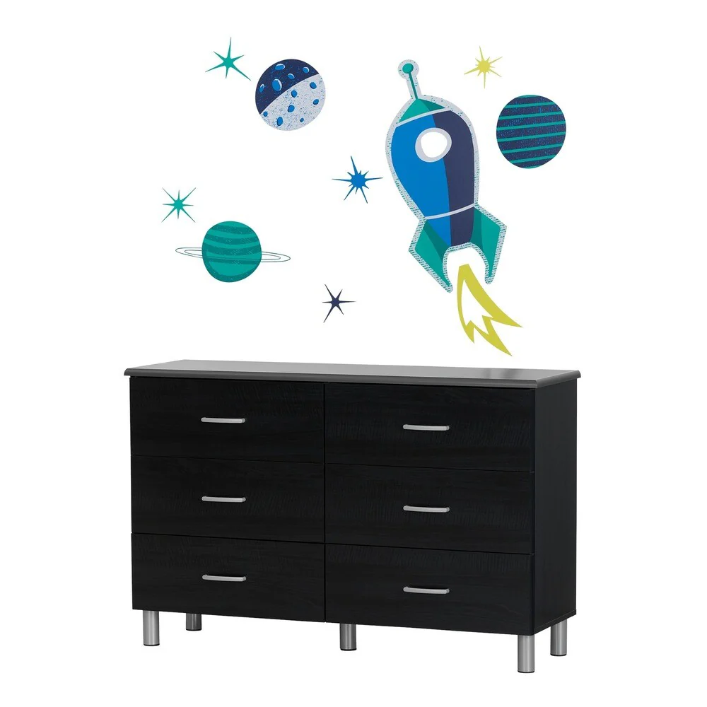 South Shore Cosmos Black Onyx and Turquoise 6-Drawer Double Dresser with Cosmic Wall Decals