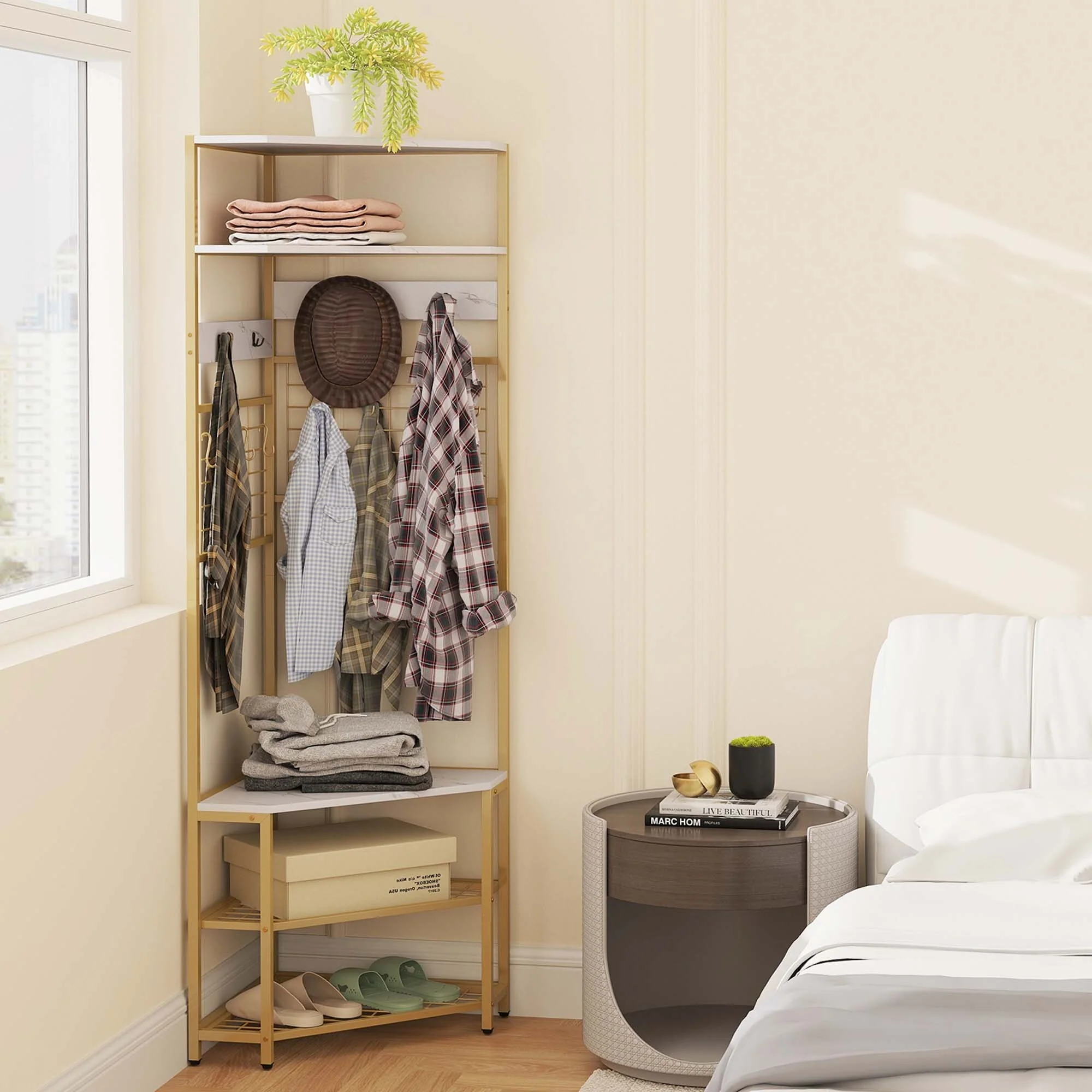 Gymax 5-Tier Corner Hall Tree w/ Shoe Storage Bench 12 Metal Hooks for