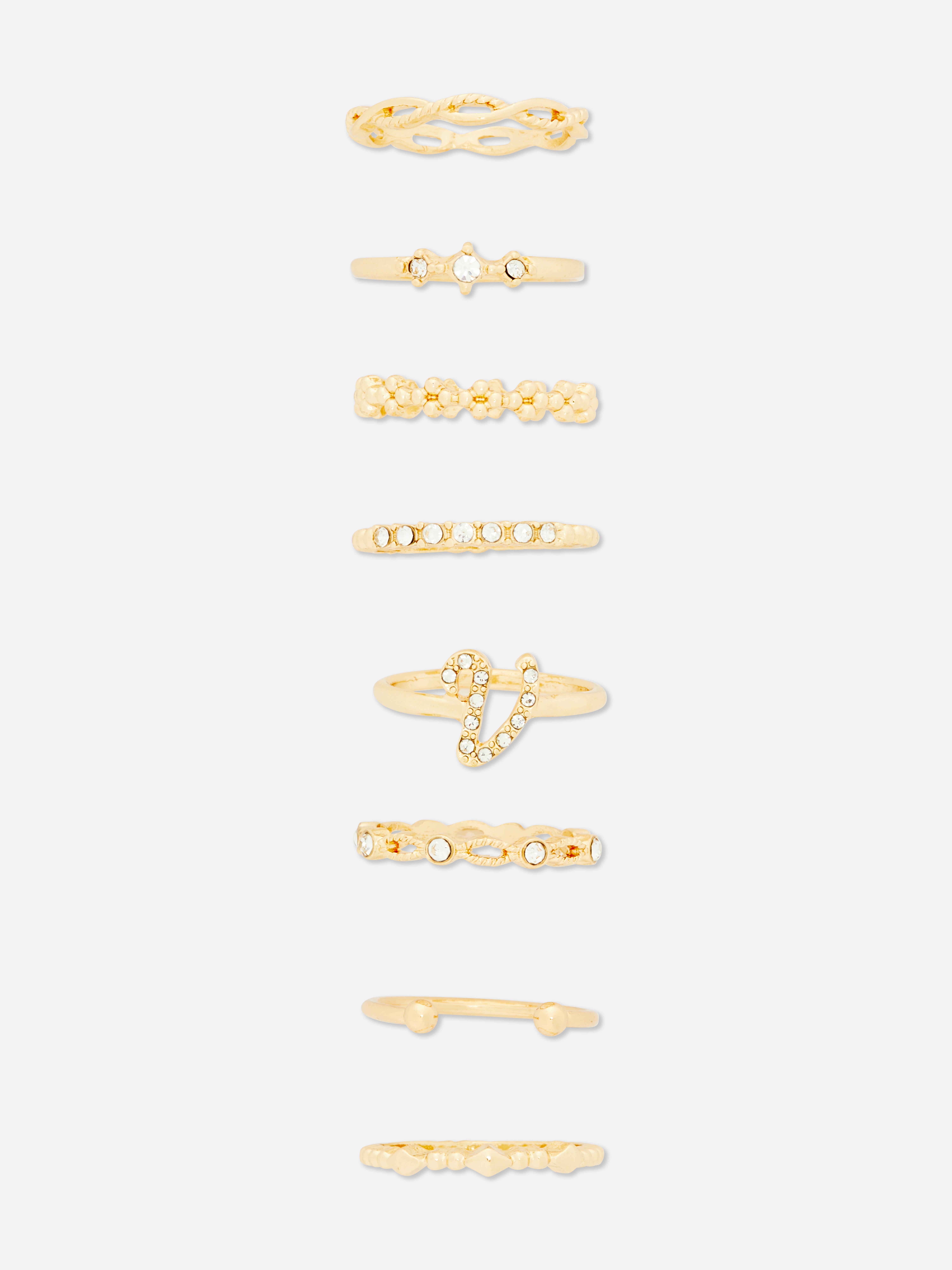 8-Pack Rhinestone Initial Rings