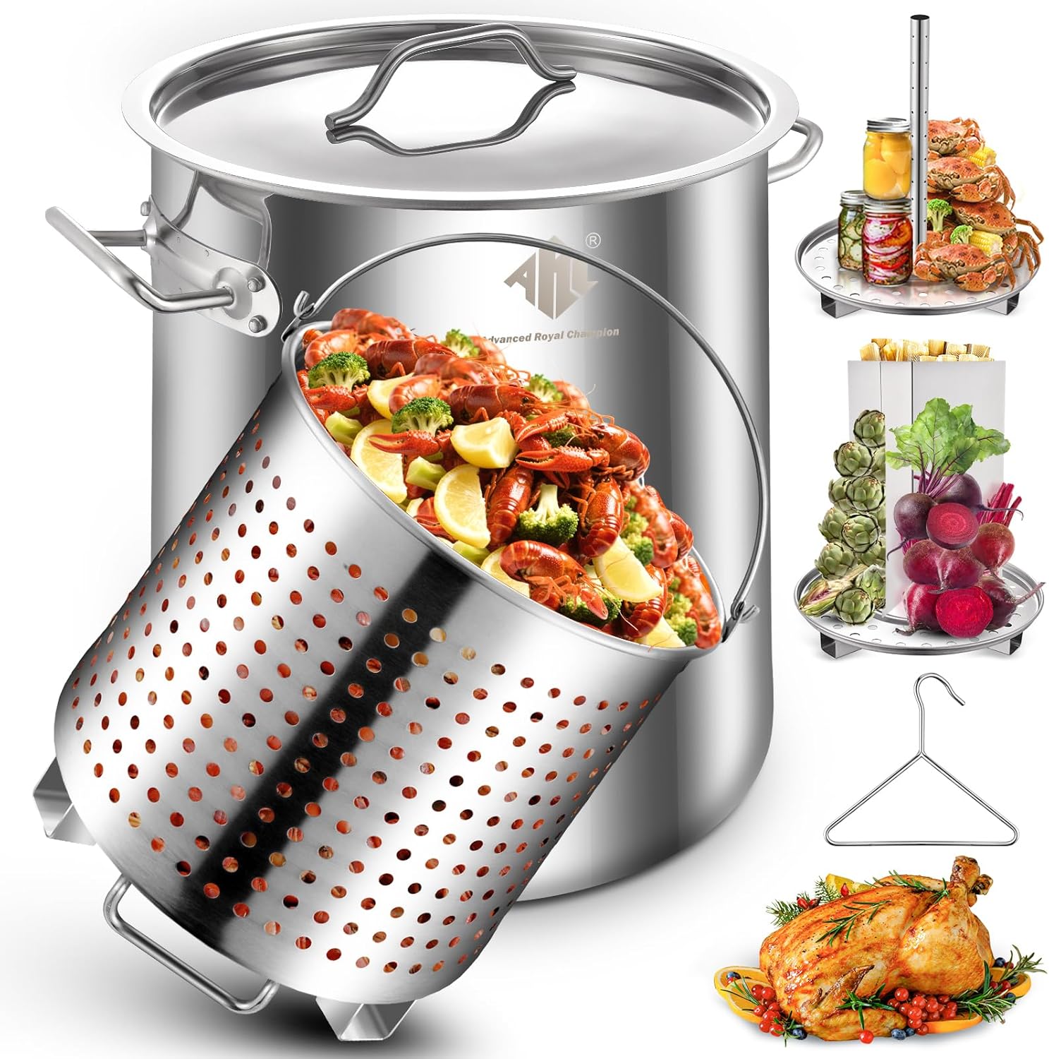ARC Advanced Royal Champion 40QT Stainless Steel Stockpot for Seafood Crawfish Crab Boil Turkey Fryer Pot with Basket Divider and Hook, Crab Lobster Shrimp Outdoor Cooking and Home Brewing