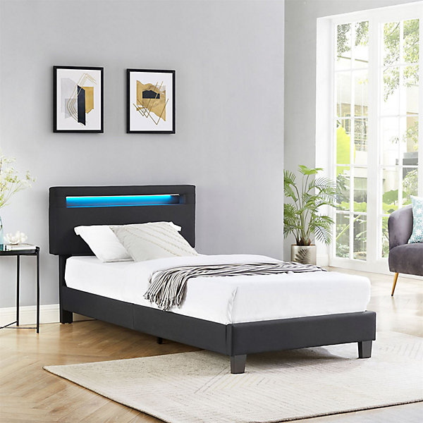 Lit LED simple AUSTIN 90x190 cm, avec sommier, revêtement en tissu noir