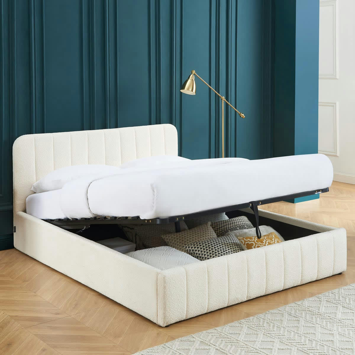 AVA - Lit coffre 160x200 en tissu bouclé écru + tête de lit + sommier