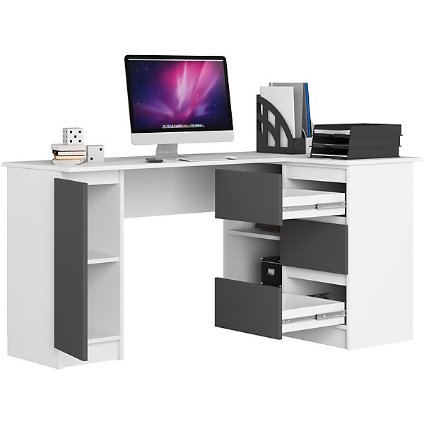 Grand bureau d'angle AKORD droit B20 Blanc 155 cm 1 porte 3 tiroirs façade Gris Graphite 4 étagères 155x85x77 cm