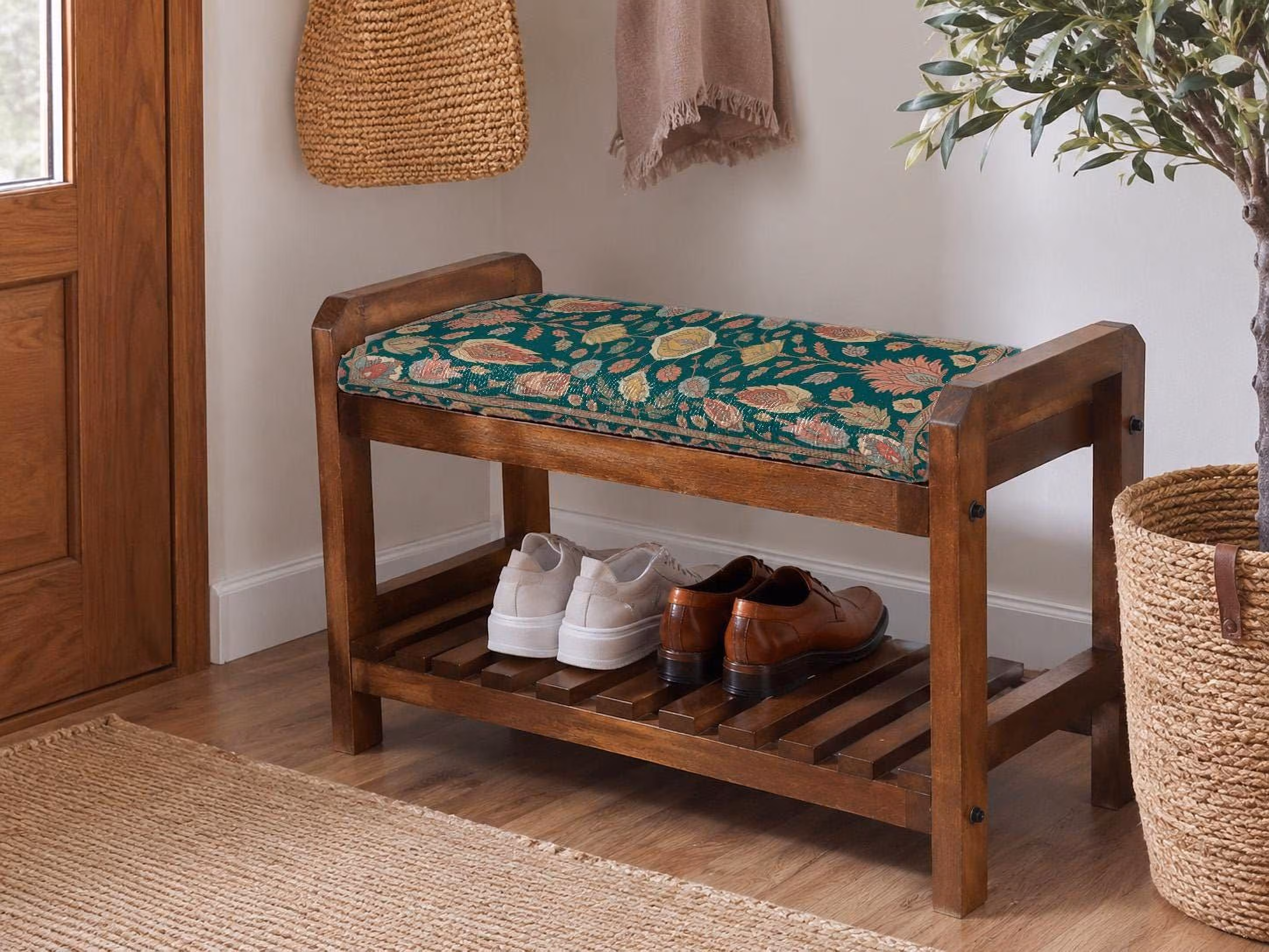 Forest Green Autumn Floral Shoe Rack Bench | Narrow Entryway Shoe Storage | Boho Turkish Handmade