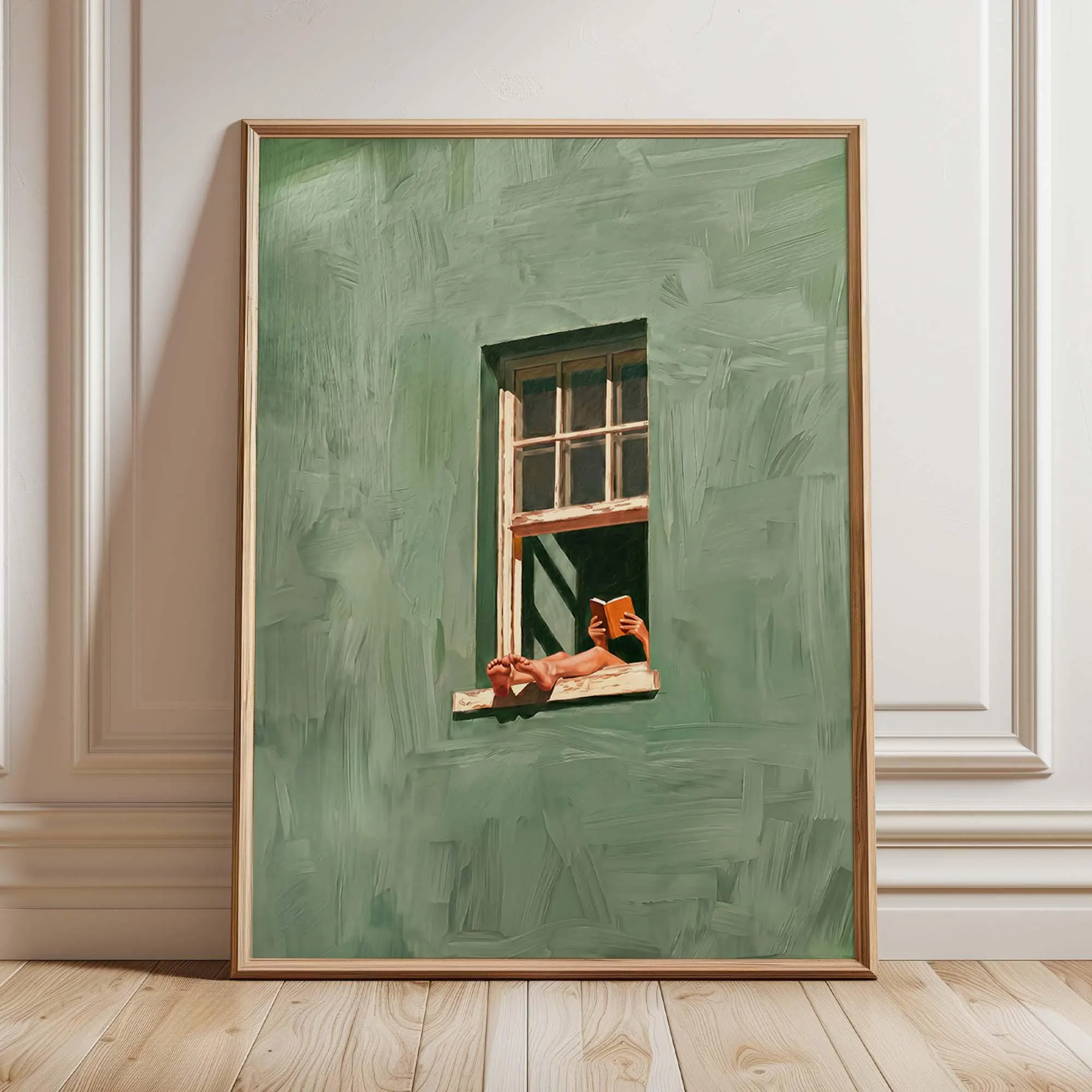 Woman Reading in Window Print, Sage Green Reading Nook Wall Art Print, Minimalist Book Lover Decor, Slow Living Gift