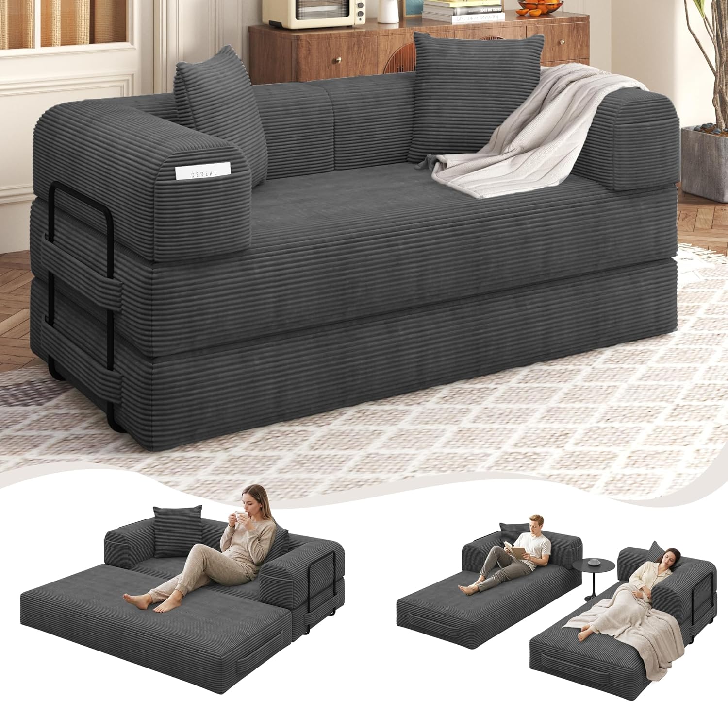 80 Convertible Sofa Bed, 5 in 1 Modular Boneless Couch Sleeper Sofa Bed with Fixed Frame & Removable Backrest Pillow, Washable Corduroy Futon Sofa Bed Couch in a Box for Small Spaces, Dark Grey