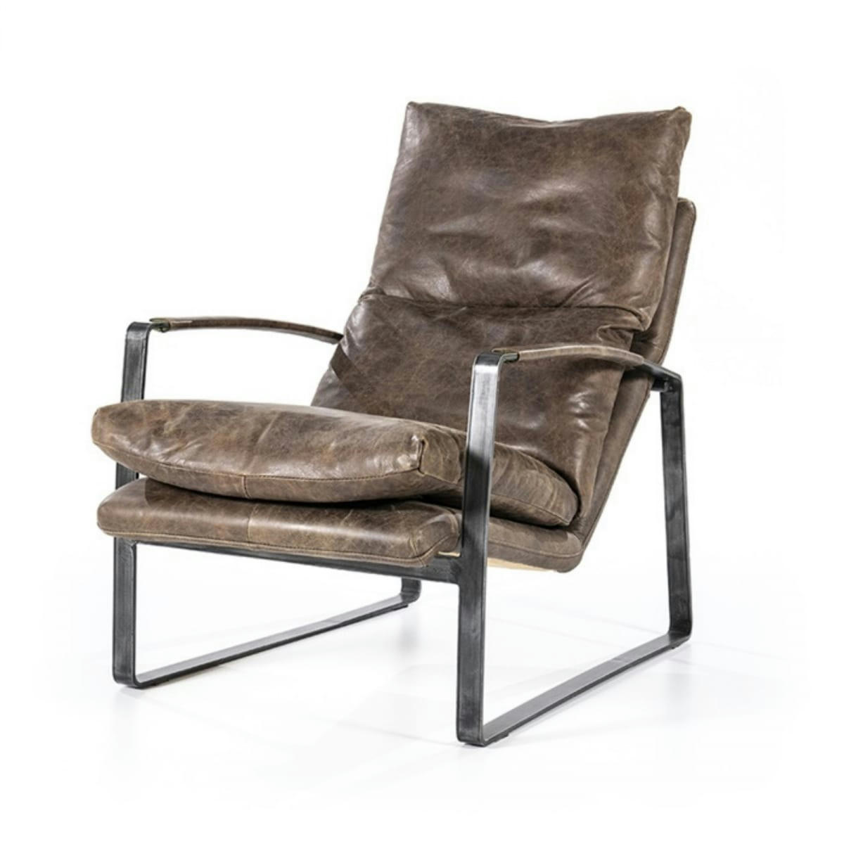 LUKAS - Fauteuil cuir vintage accoudoirs métal noir marron