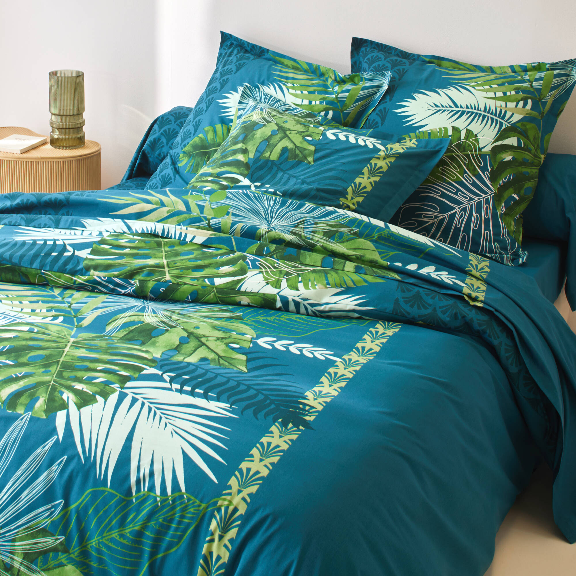 Linge de lit Cayenne en coton imprimé feuilles de palmiers