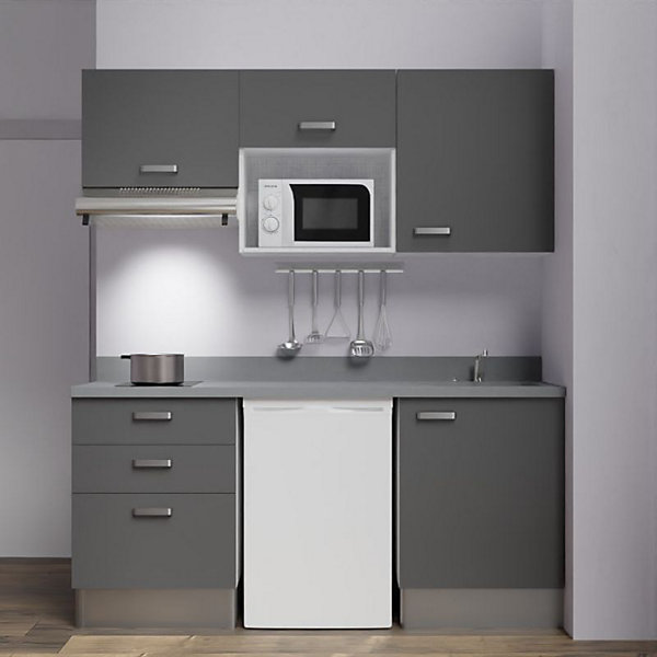 Kitchenette K20 - 180 cm - façades Gris - Plan monobloc en quartz coloris Cromo évier à droite