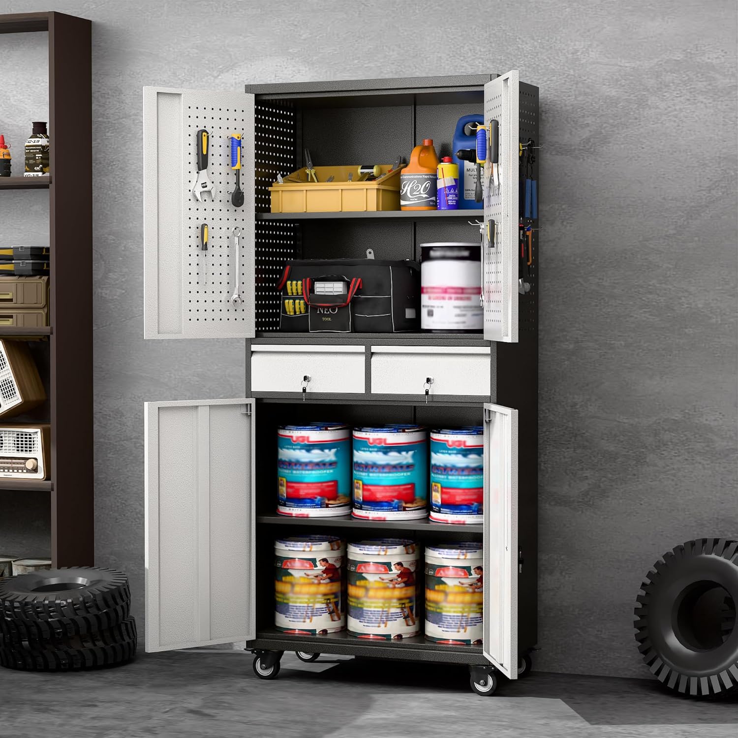 Aobabo Garage Storage Cabinet with 2 Drawers, Metal Storage Cabinet with Wheels for Garage Home,Assembly Required,Black&Silver