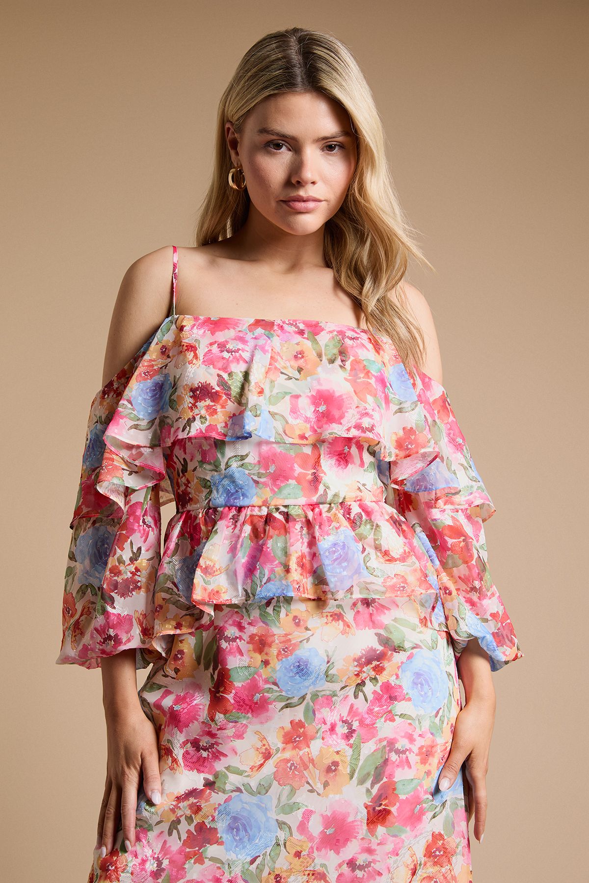 Dorothy Perkins DP Luxe Floral Ruffle Cold Shoulder Peplum Midi Dress