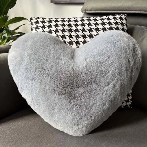 NNEOBA Heart Shaped Faux Bunny Fur Pillow (Dark Grey)