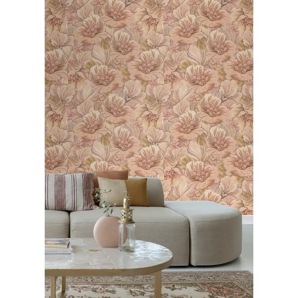 ESTAhome fotobehang geborduurd bloemmotief lichtbruin, beige en geel