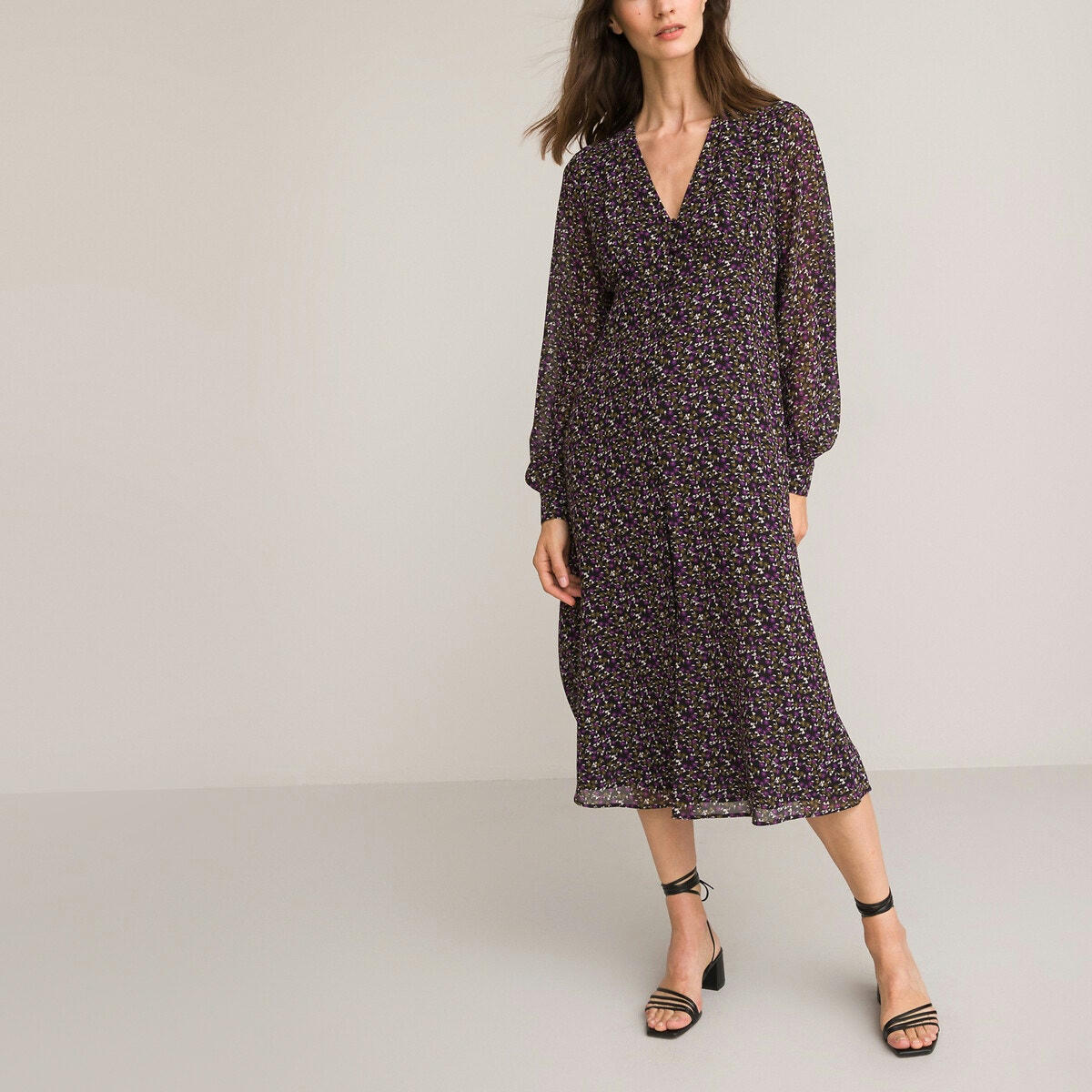 Robe encolure v, imprimé floral, longueur midi