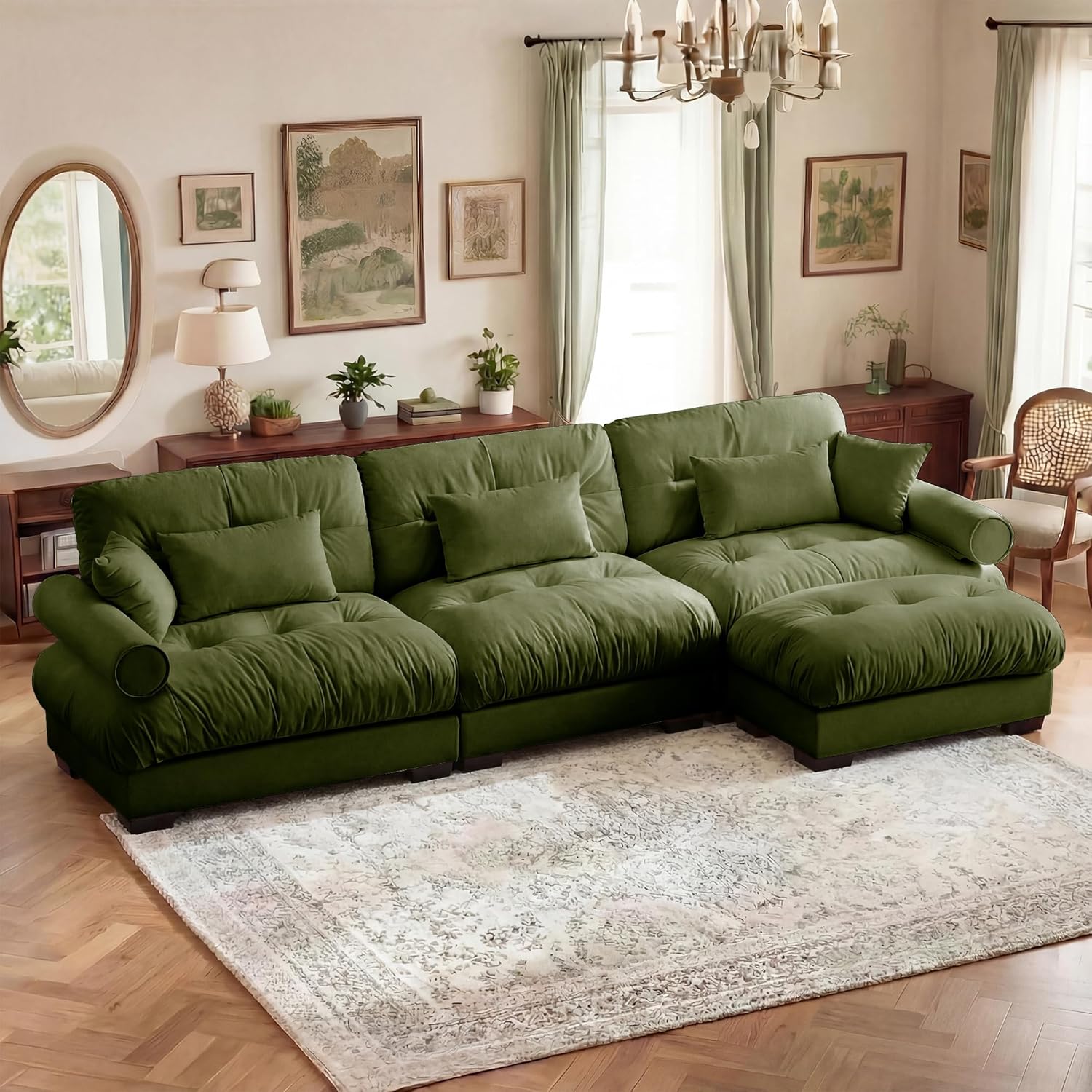 130 Modular Sectional Cloud Couch, Oversized 3-Seater Couch with Ottoman, Comfy Velvet Fluffy Sofa, Deep Seat L Shaped Sectional Couches for Living Room