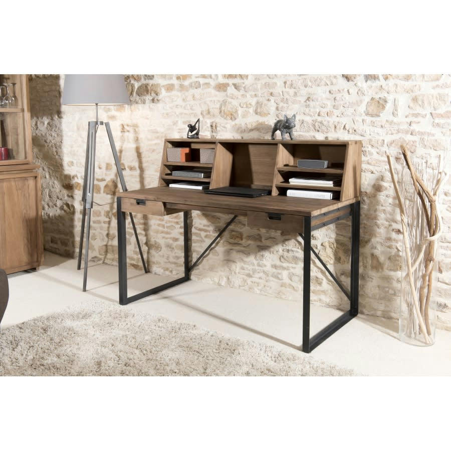 ALIDA - Bureau 2 tiroirs avec étagères en teck recyclé et métal noir