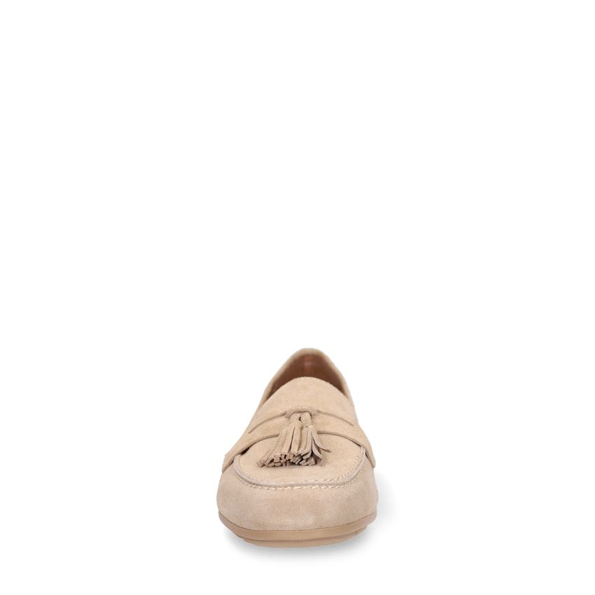 No Stress Beige suède loafers met franjes