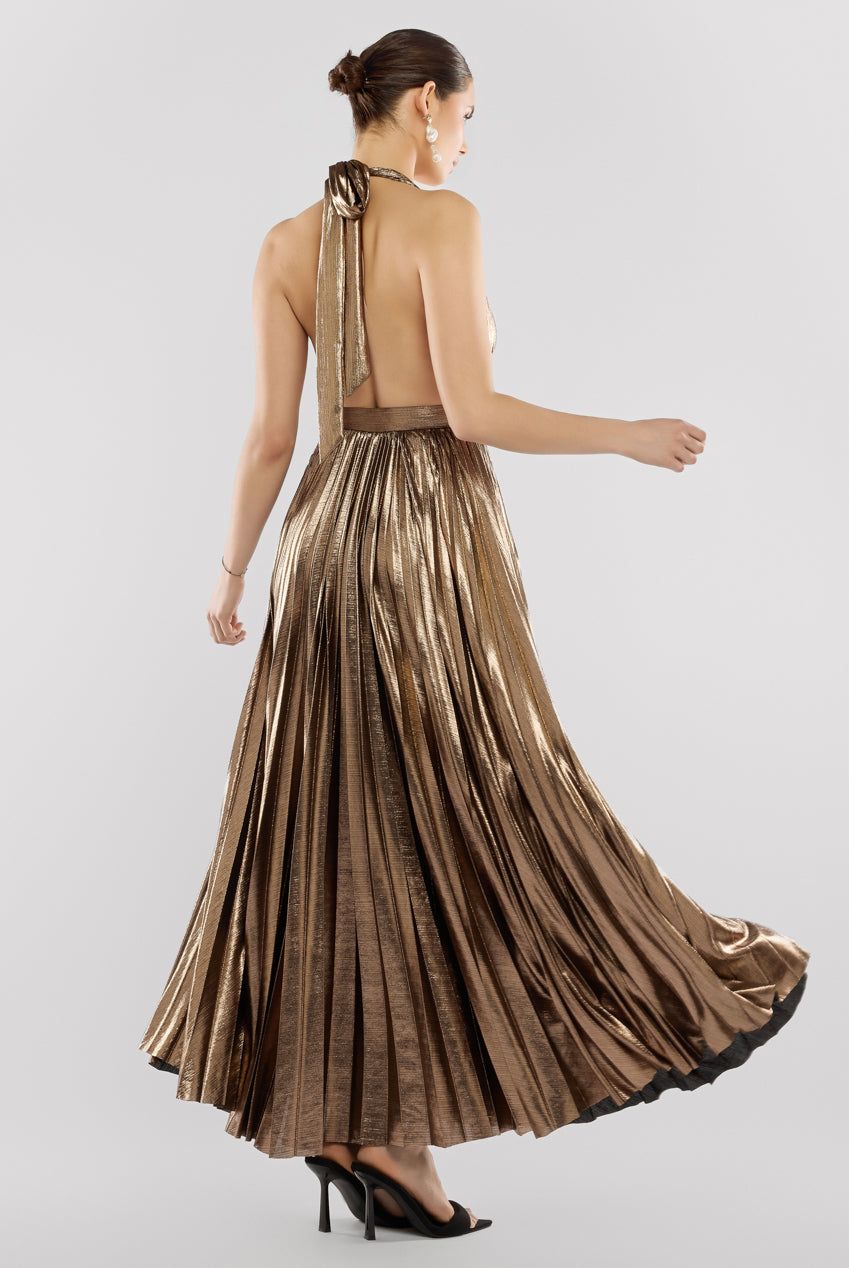 Goddiva Sunrise Foil Halterneck A Line Maxi Dress