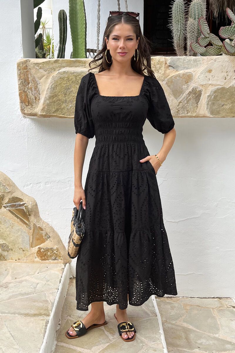 AX Paris Black Broderie Puff Sleeve Smock Midi Dress