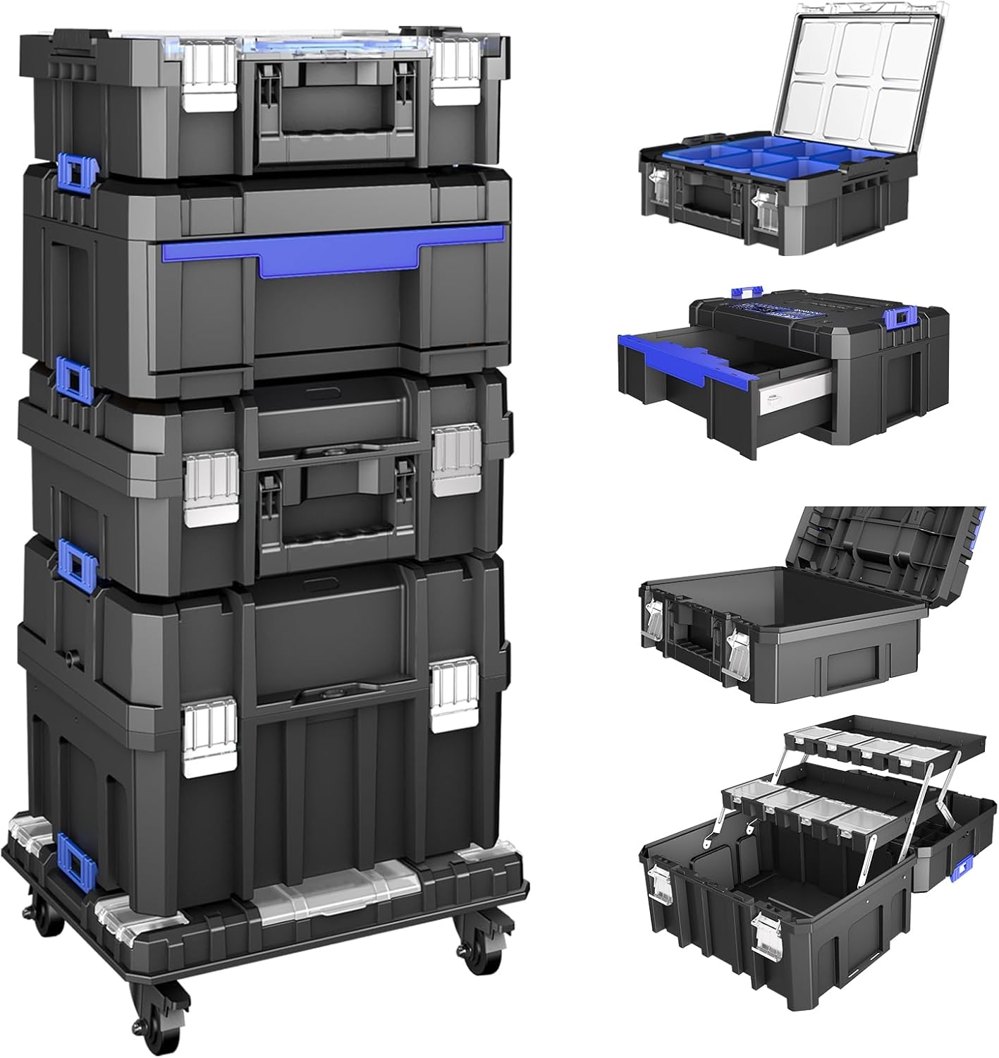 5 Tier Stackable Tool Box with Wheels,Rolling Tool Box with Drawers,Modular Tools Organizer,Portable Tool Box with Transparent Parts Box,Large Capacity Toolbox,for Garage Storage,Home and Repair Shop