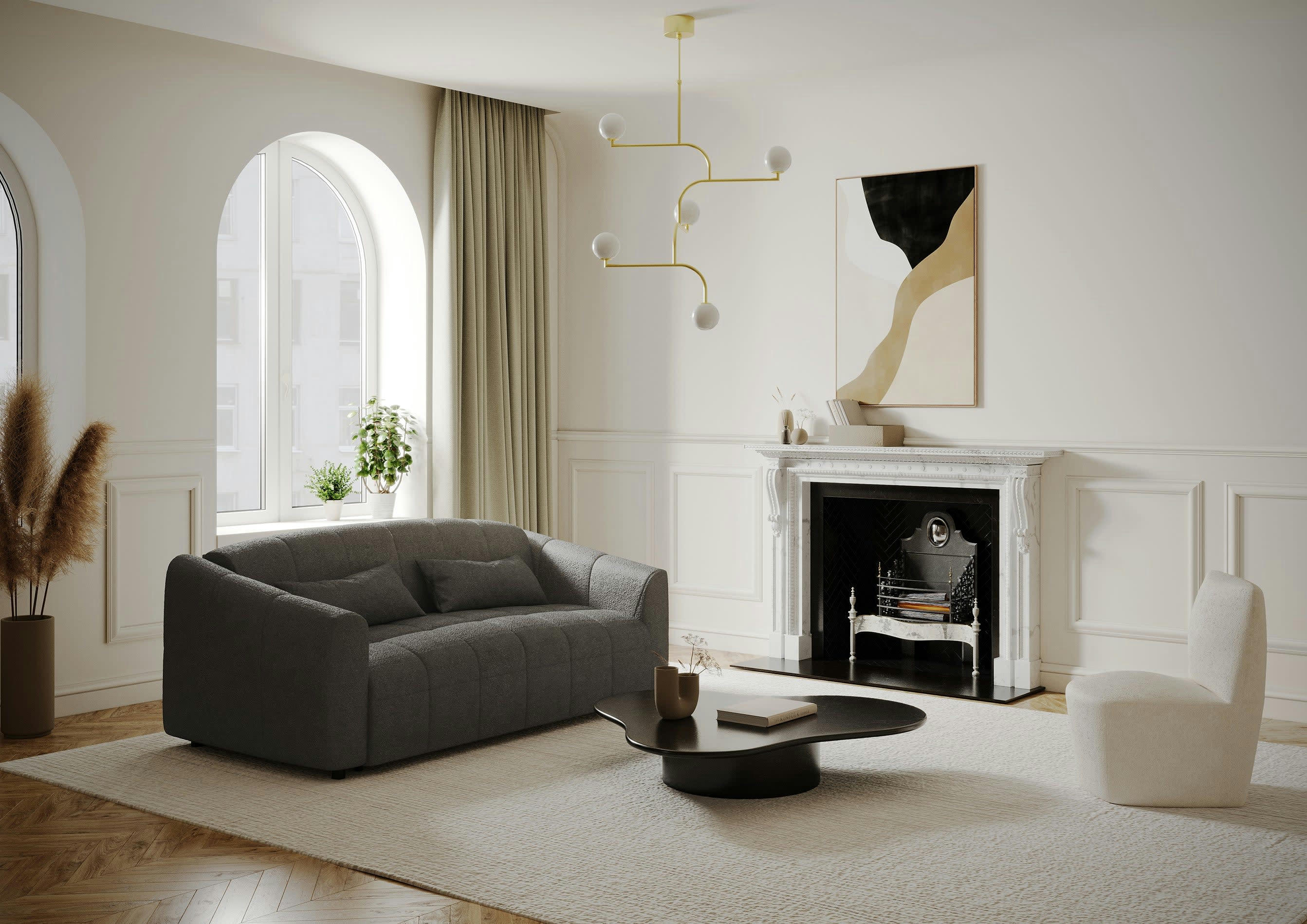 NORA - Canapé convertible express matelas tissu bouclette gris graphite 160cm