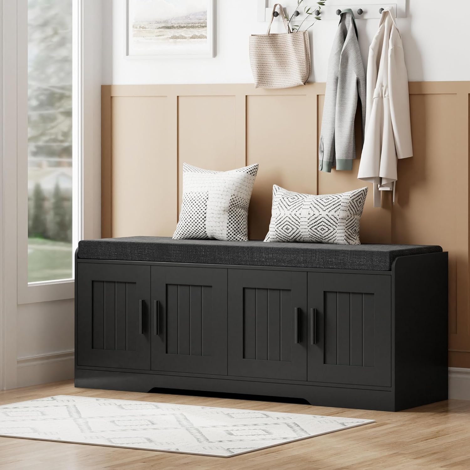 Homleke 2-Tier Storage Bench, Shoe Bench with Thickened Padded Seat Cushion, Entryway Bench with 4 Doors, Adjustable Shelf, 13.8 D x 45.3 W x 18.5 H, for Entryway, Living Room, Bedroom, Black