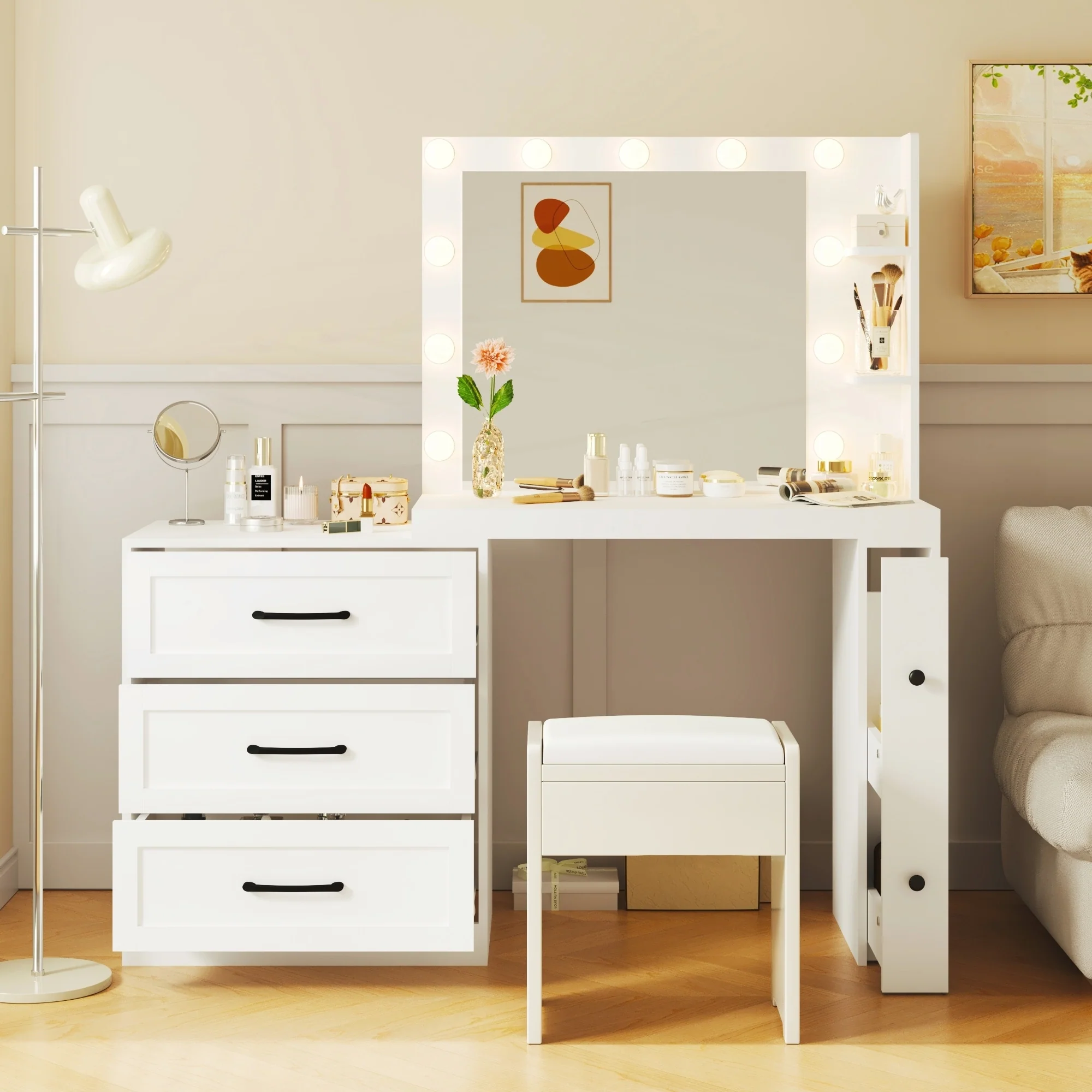 Vanity Desk with Freely Adjustable Side Cabinet