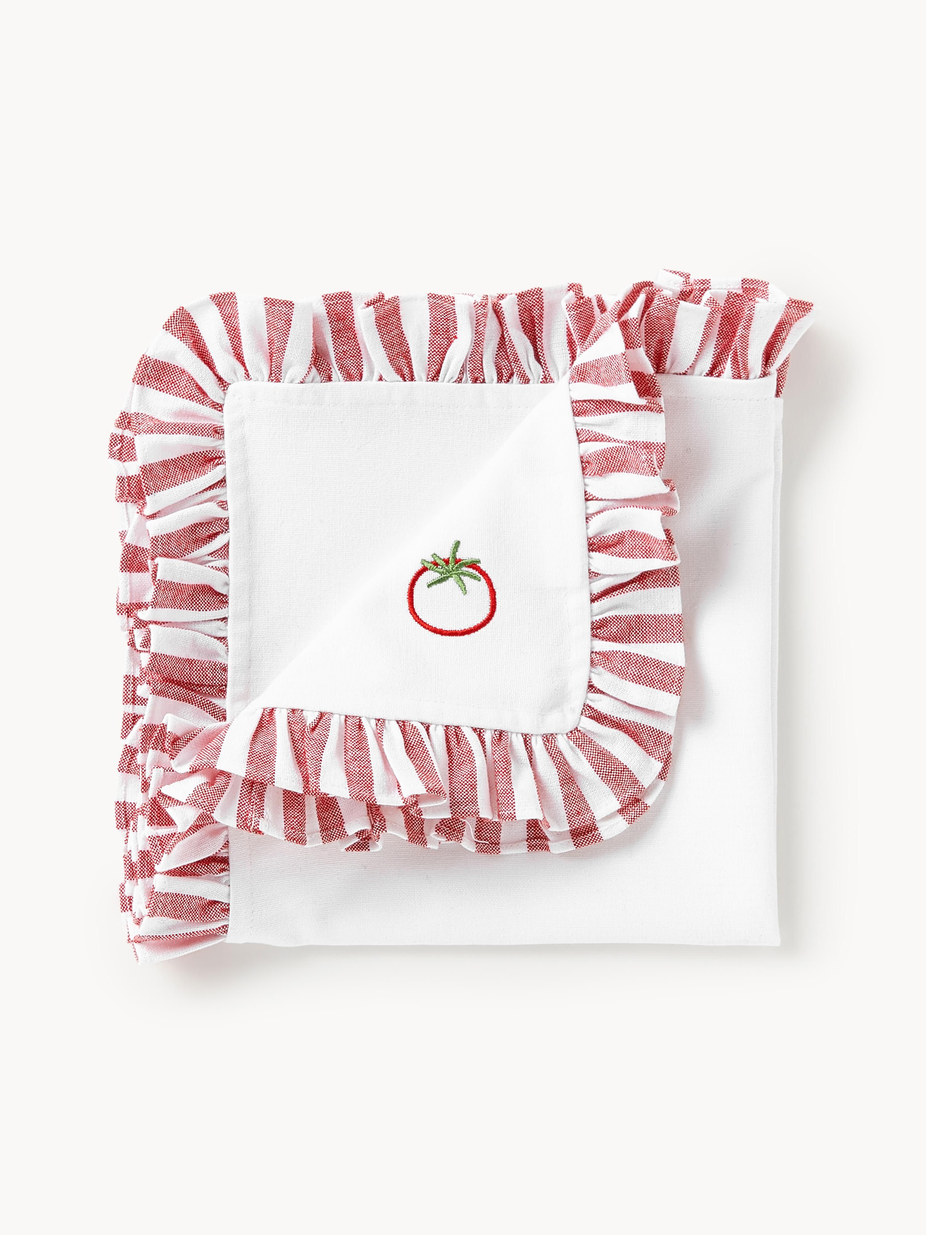 Stoffservietten Melony mit gestickten Motiven und Rüschen, 4er-Set