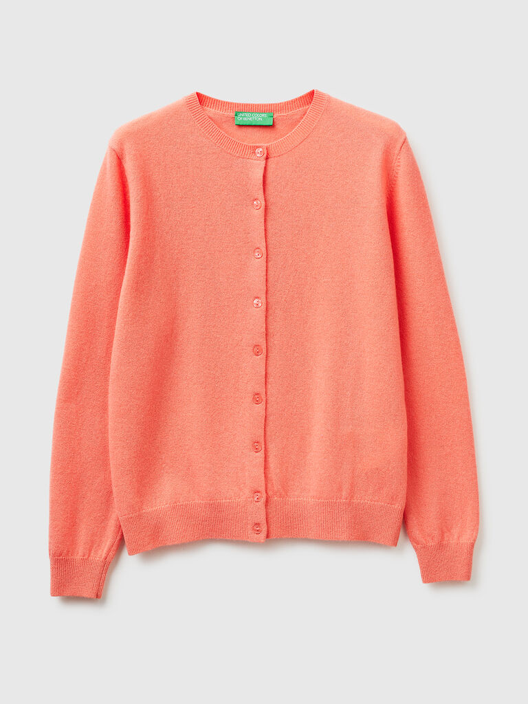 Peach crew neck cardigan in pure Merino wool