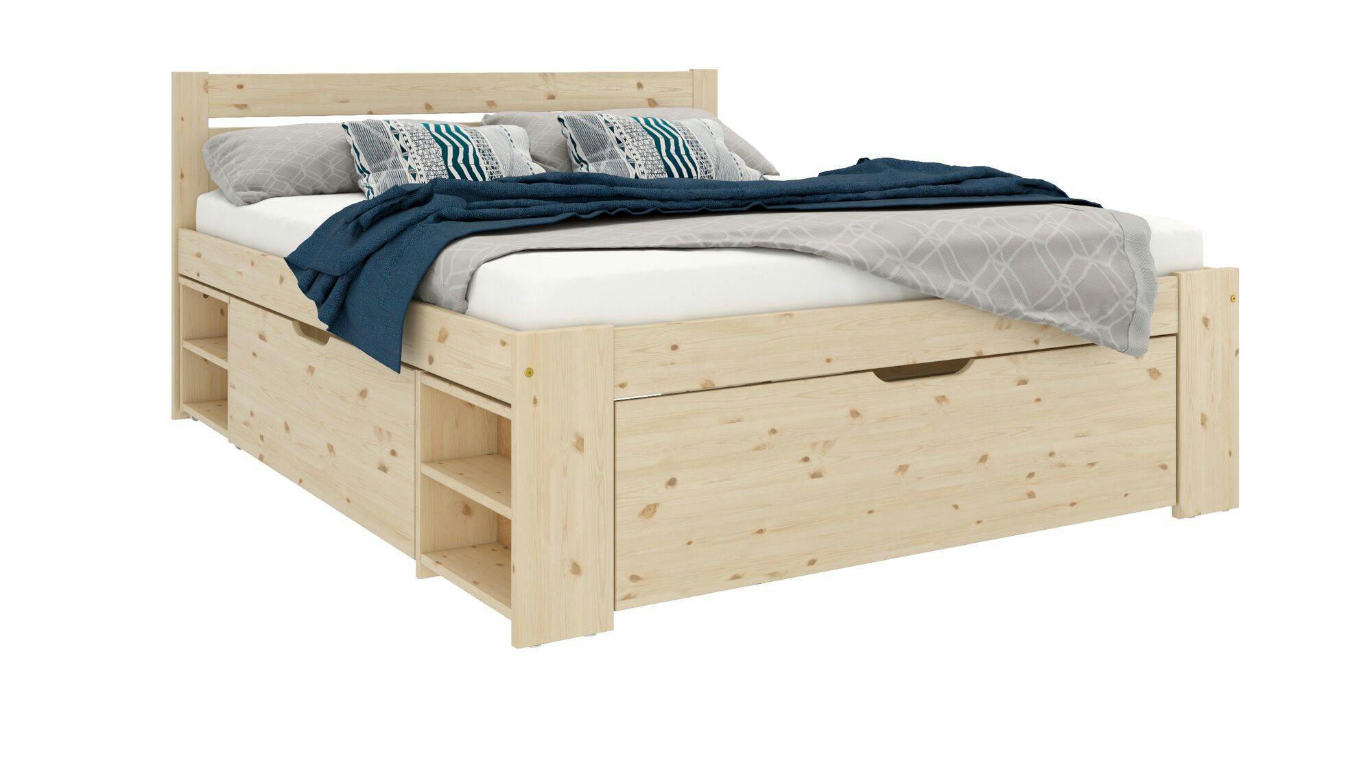 TARA - Lit rangement en bois massif naturel 140 x 190 cm