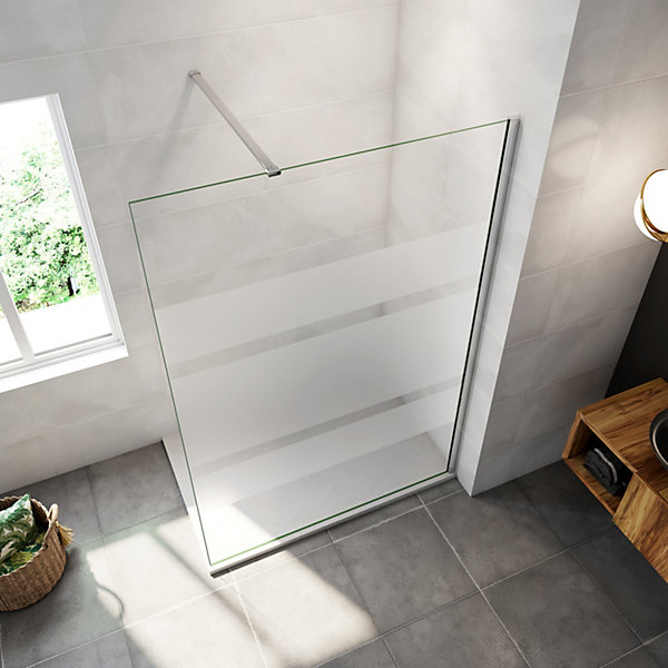 Paroi de douche chrome 110x190cm,6mm verre anticalcaire avec bandes horizontales sérigraphiées,avec barre de fixation 90cm