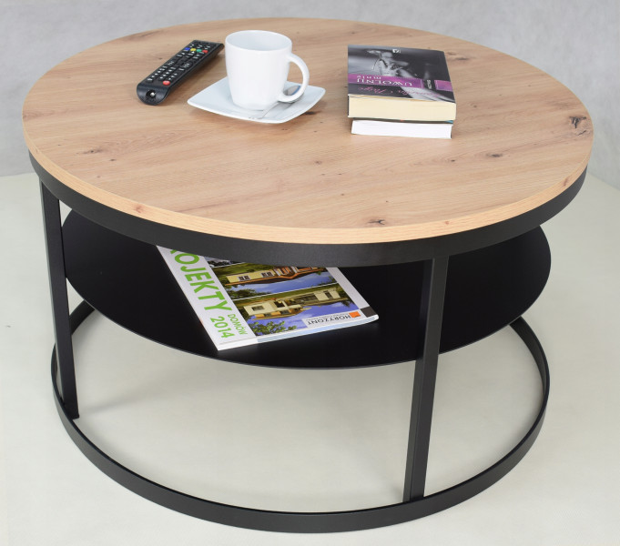 Okrągły Stolik Kawowy z Półką Do Salonu Loft Metal 75cm Czarny Dąb Artisan