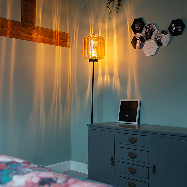 Lampadaire design noir avec verre ambré - Qara