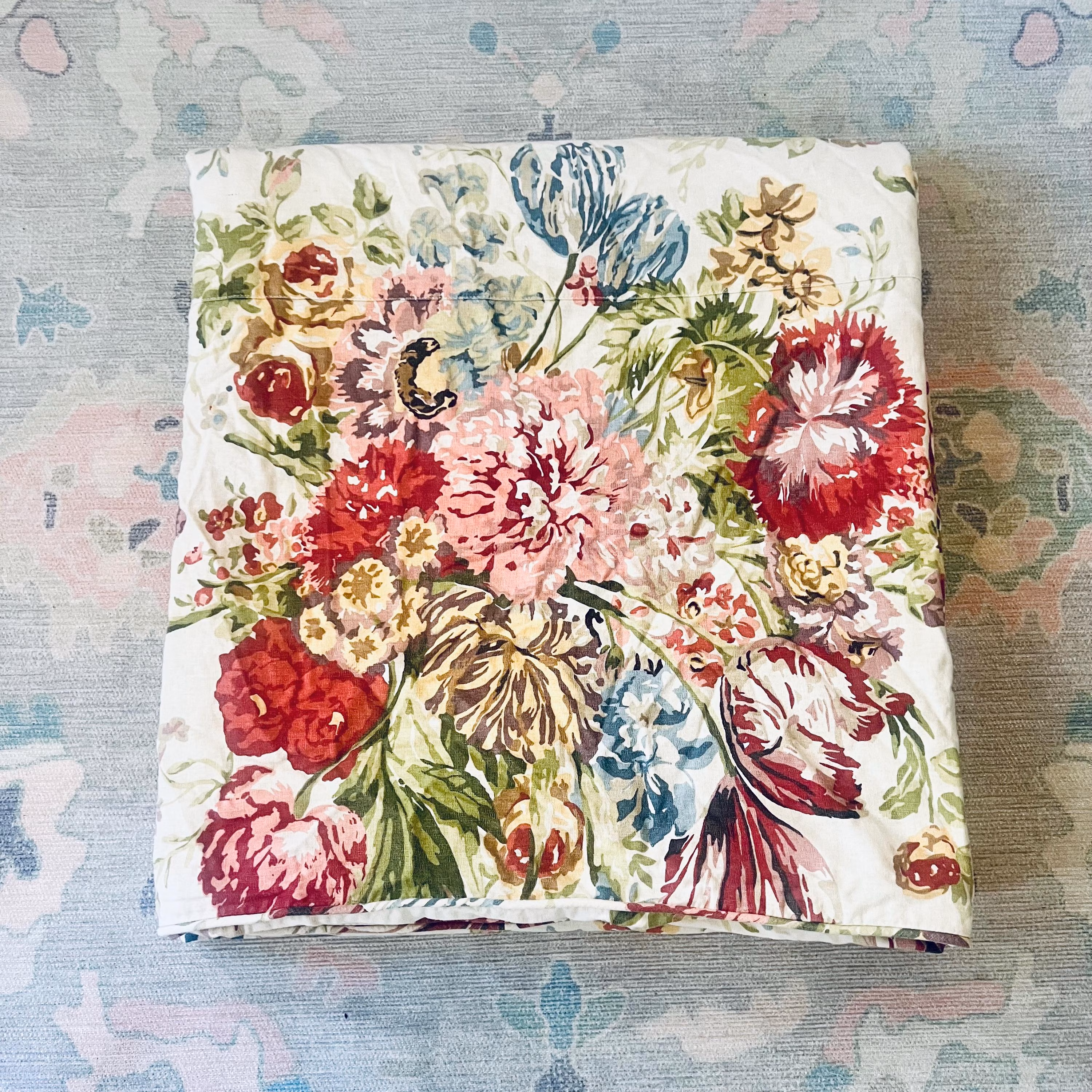 Pottery Barn Floral Cottage Chic Roses Duvet Cover Linen Cotton Queen