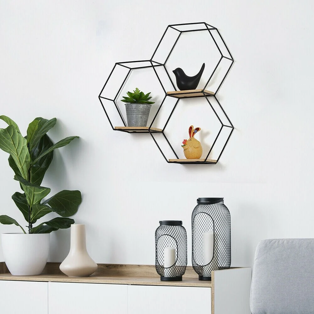 3.7 x 12.5 x 16 Hexagon Metal Modern Floating Shelf, Black