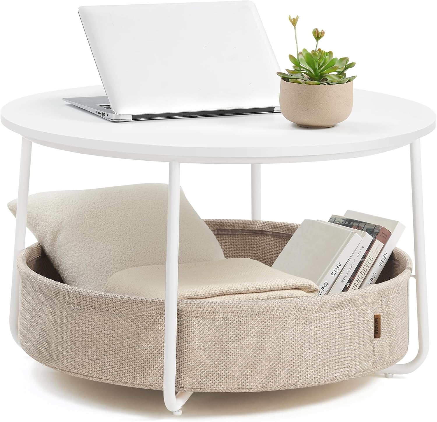 VASAGLE LILEA Collection - Coffee Table with Storage, Round Center Table for Living Room with Fabric Basket, Modern Style, Metal Frame, Matte White and Camel Brown ULCT244W10