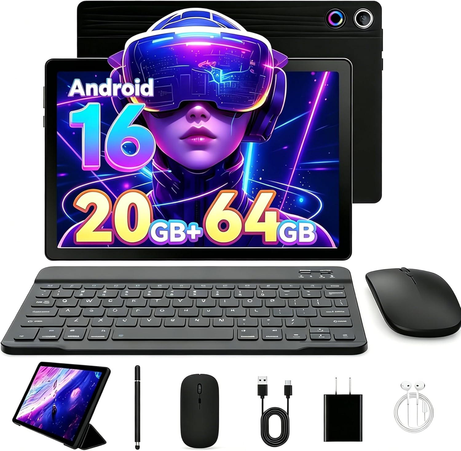 Latest 2026 Upgraded Android 16 Tablet 10.1 Inch with IPS HD Touch Screen, Dual Camera, 64GB Storage 1TB Expansion, 8 in 1 Tablets Kit with Keyboard, Protective Case, Mouse, Stylus, BT 5.4, WiFi 6