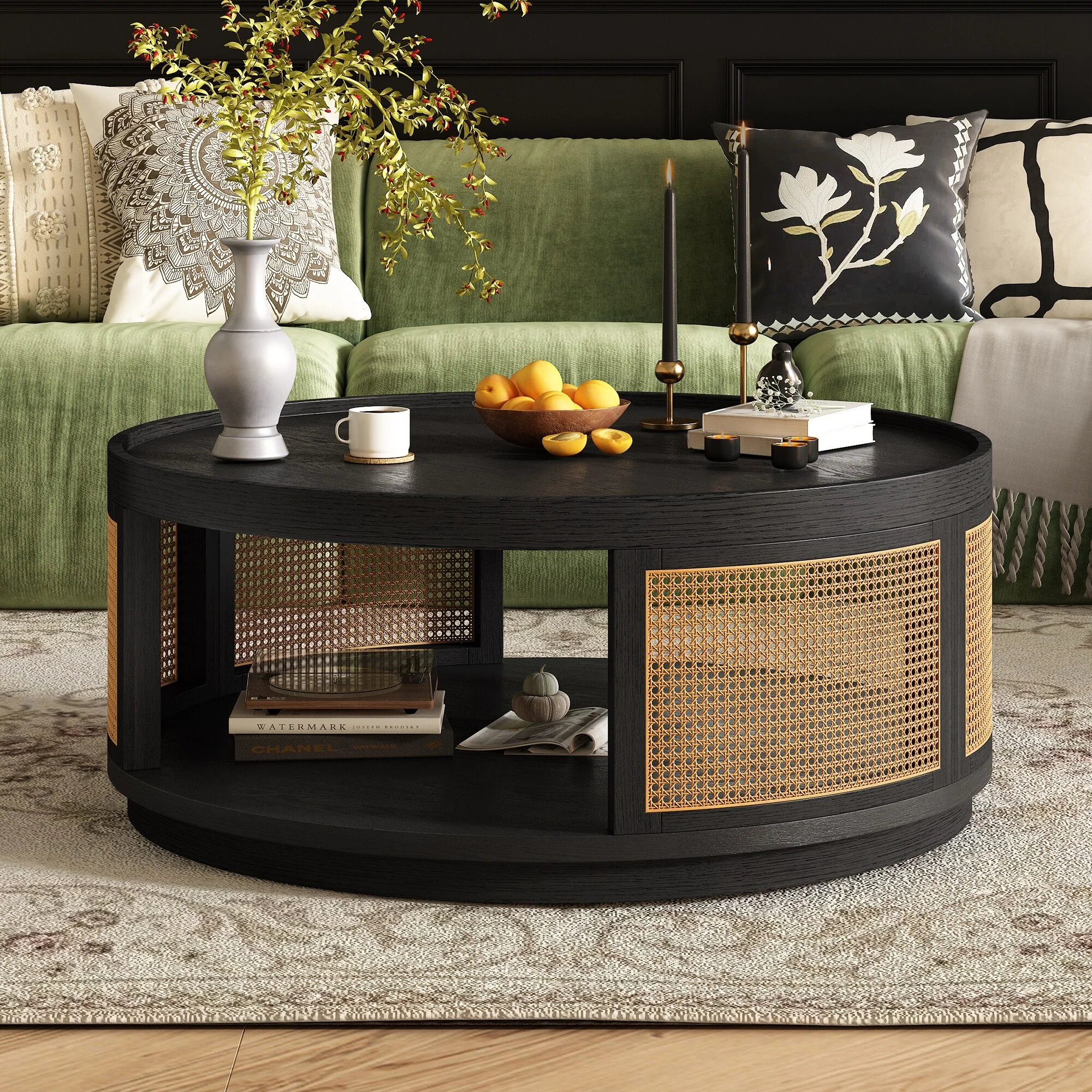 36.8'' Wooden Mid-Century Modern Coffee Table with Round Cane Design & PE Rattan Side for Living Room, Brown